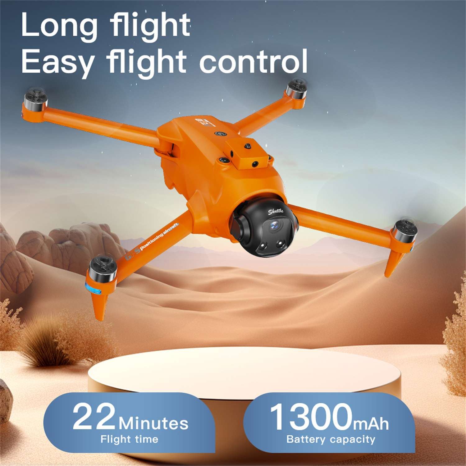 Eine orangefarbene Drohne mit ausgebreiteten Armen wird gezeigt. Sie hat Text, der das Bild überlagert, mit Details zu Flugzeit und Akkukapazität.