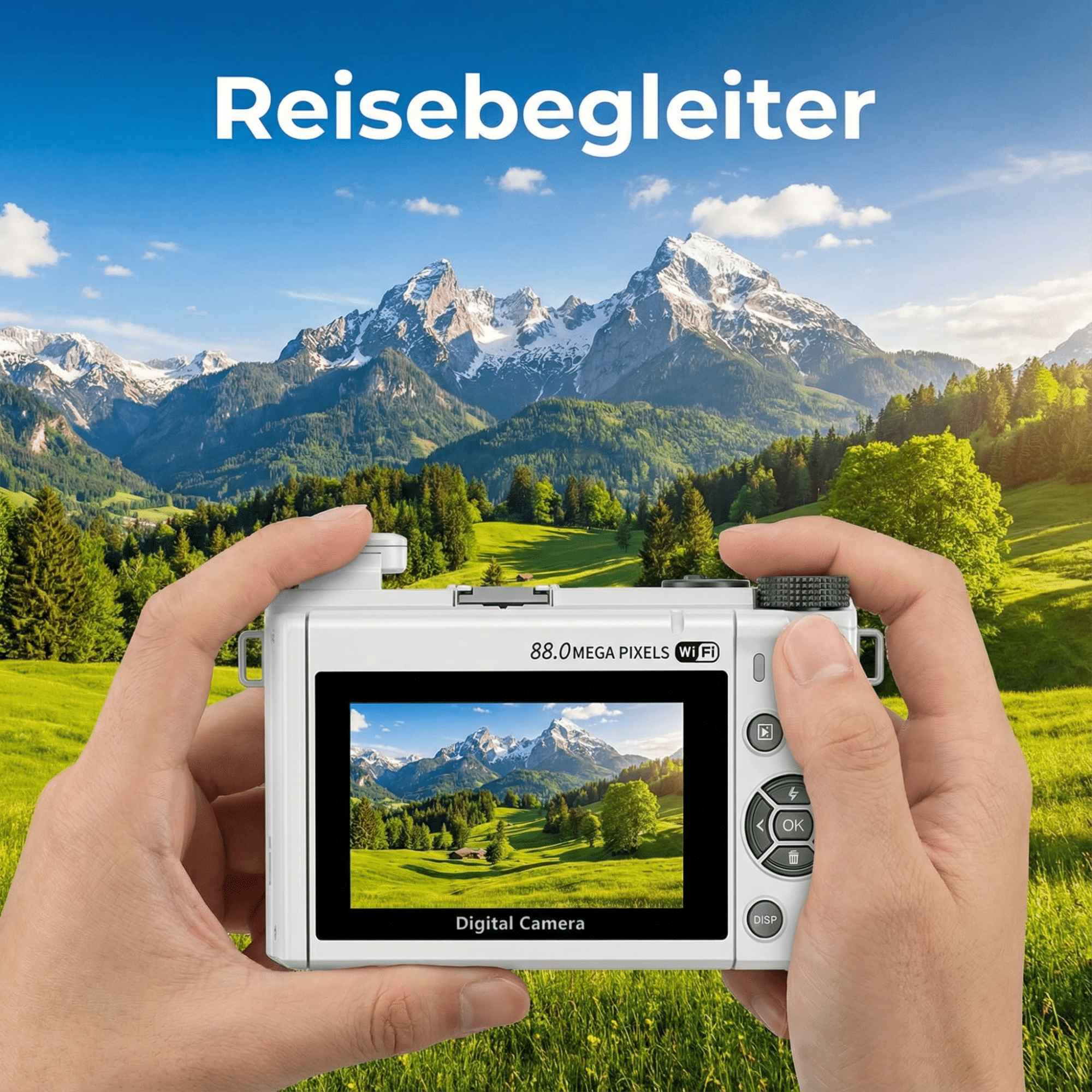 Hände halten eine Digitalkamera und zeigen eine Berglandschaft. Berge im Hintergrund, grünes Gras im Vordergrund.