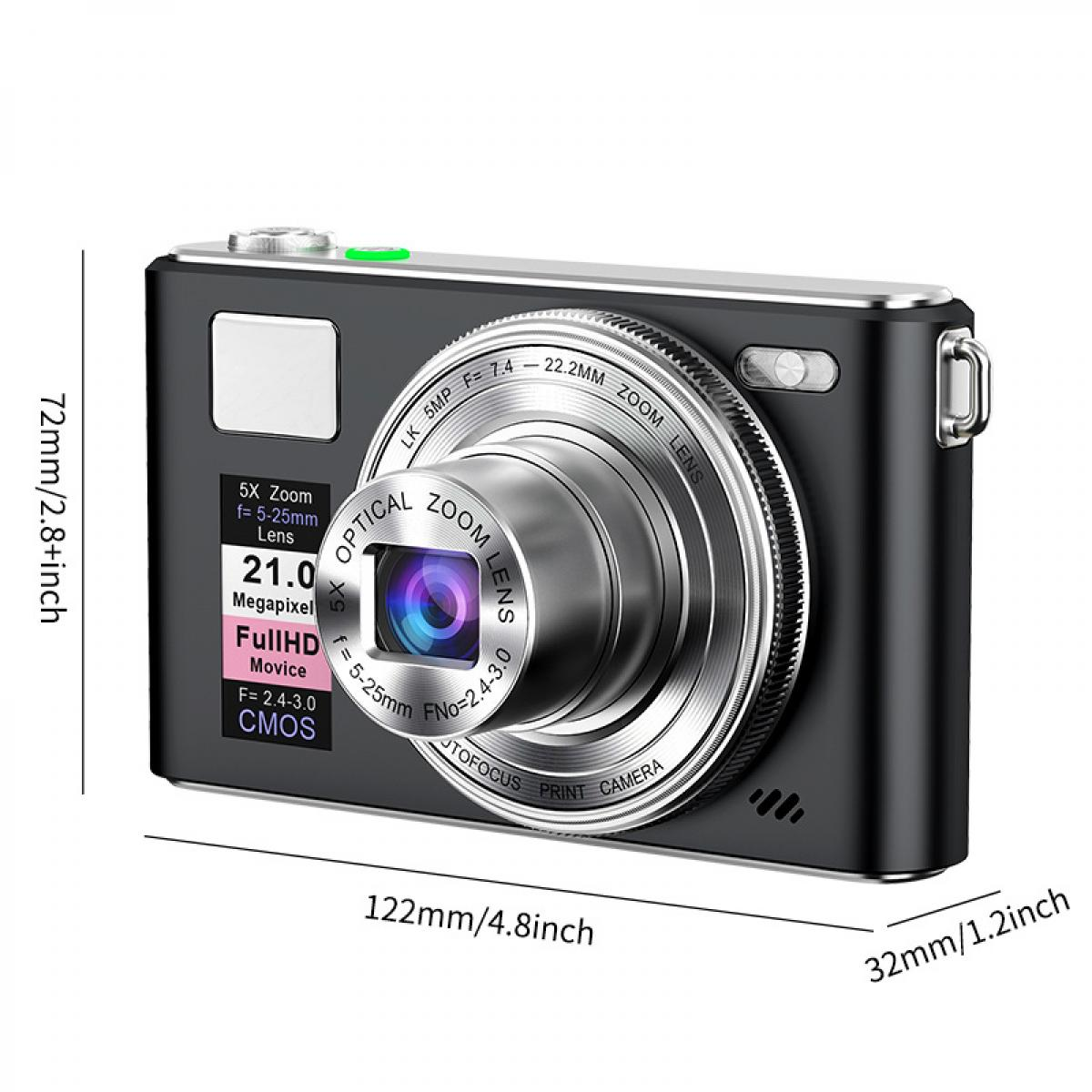 Eine schwarze Digitalkamera mit silbernem Objektiv. Sie hat ein Zoomobjektiv und verschiedene Spezifikationen.