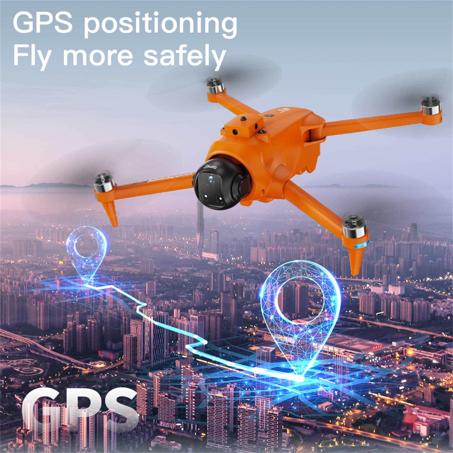 Eine orangefarbene Drohne fliegt über einer Stadt. GPS-Marker zeigen die Flugroute. Text: 'GPS-Positionierung, Fliegen Sie sicherer'.