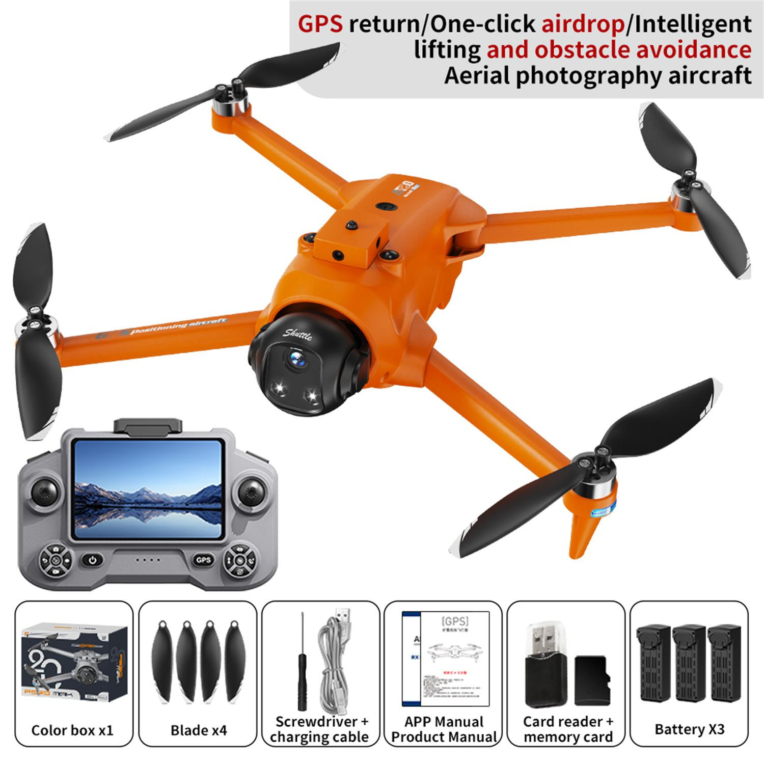 Eine orangefarbene Drohne mit schwarzen Propellern und Zubehör. Enthält eine Fernbedienung, Rotorblätter, Batterien und eine Anleitung.