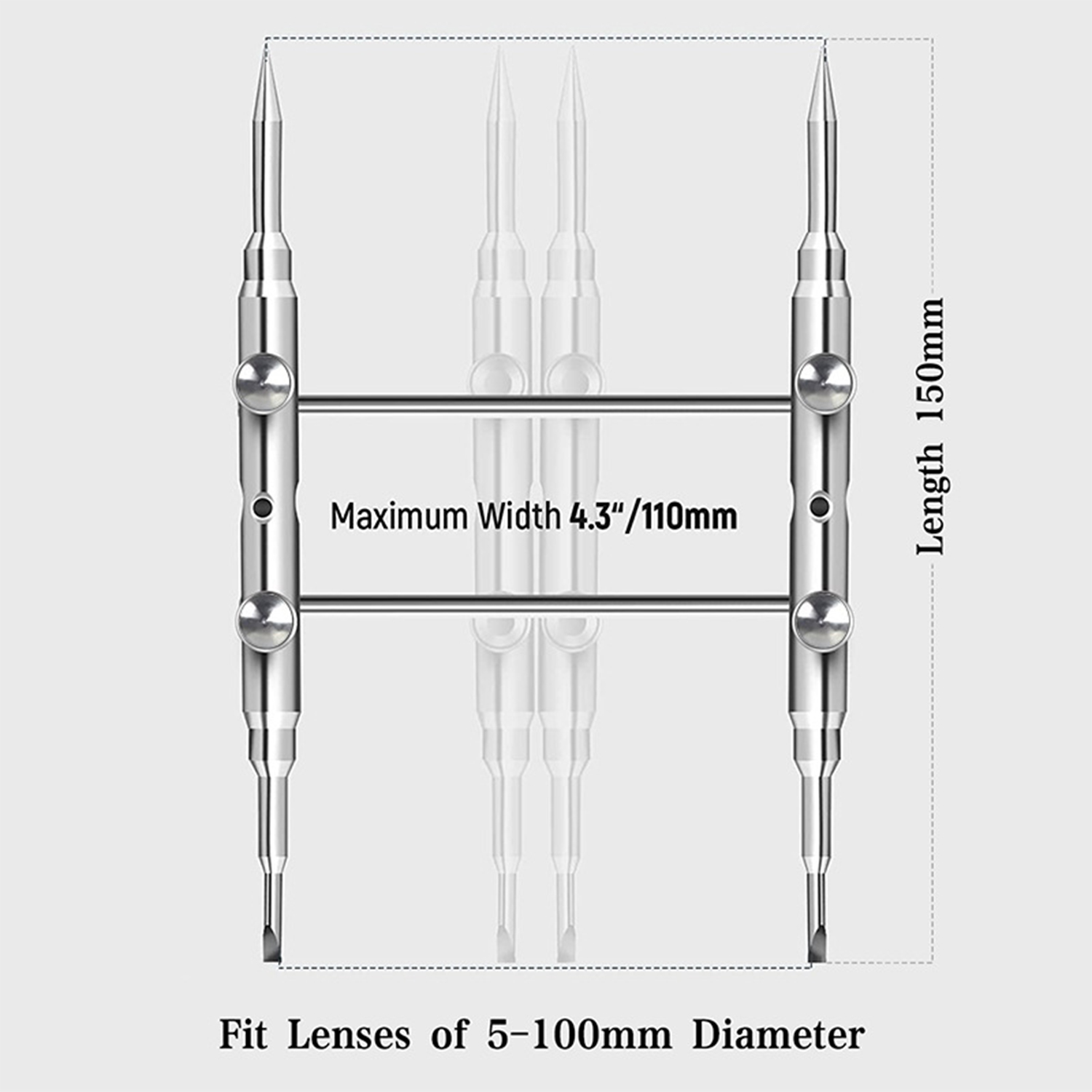Silbernes Werkzeug zur Linsenmontage. Es hat eine Länge von 150 mm und eine maximale Breite von 4,3"/110 mm. Passend für Linsen von 5-100 mm Durchmesser.