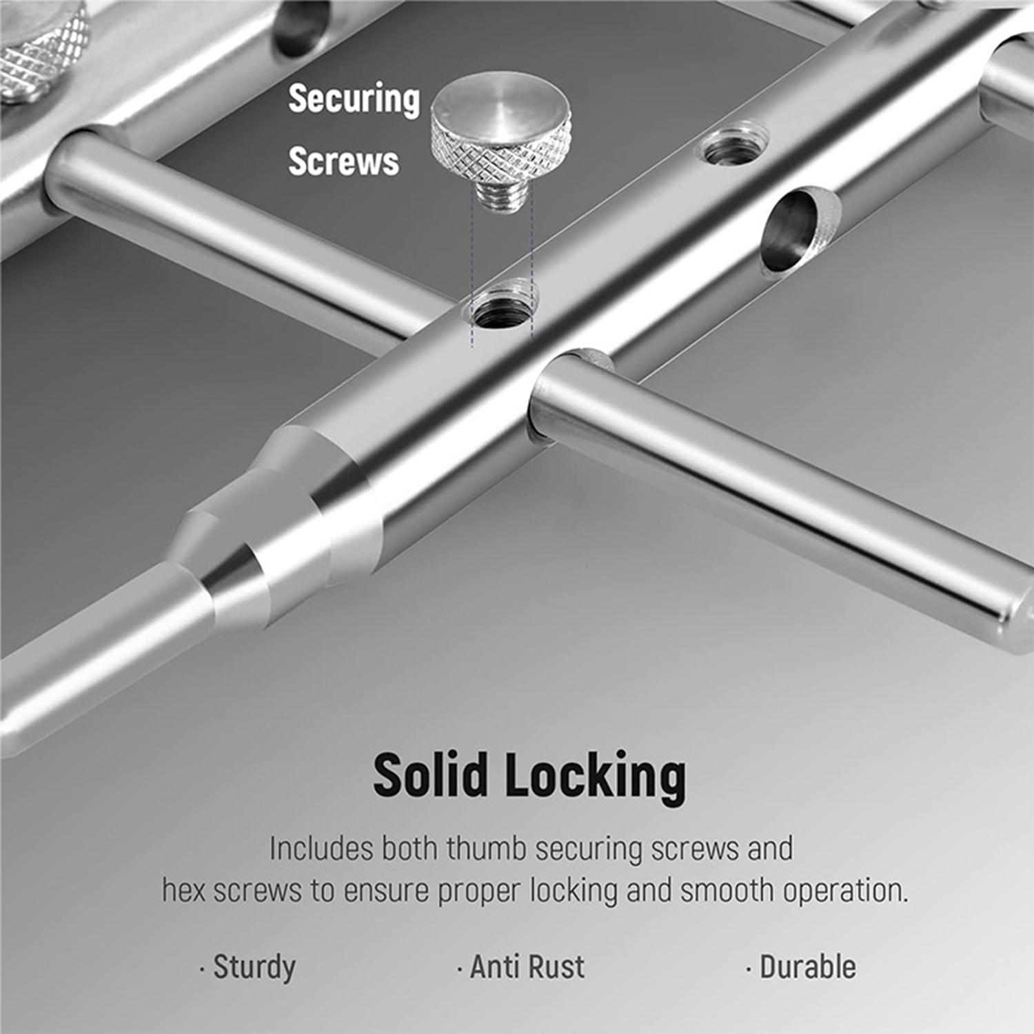 Nahaufnahme eines silbernen Werkzeugs mit Sicherungsschrauben, gekennzeichnet mit Merkmalen wie robust und rostfrei, sowie dem Wort Solid Locking.