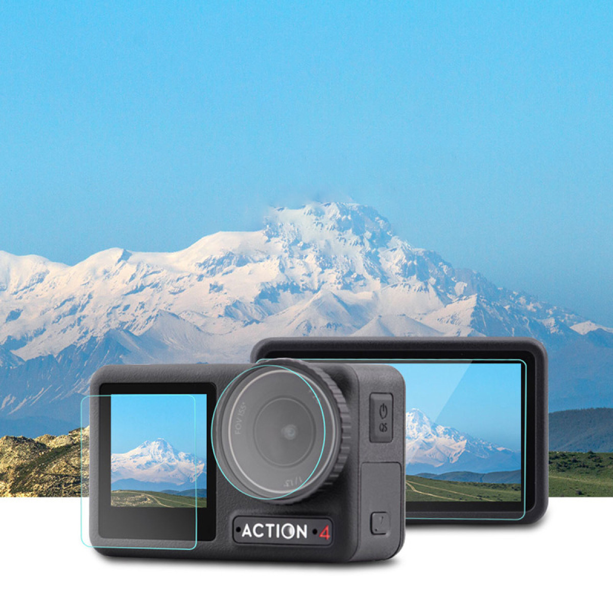 Due action cam nere con schermi che mostrano montagne innevate, sullo sfondo di montagne e cielo blu.