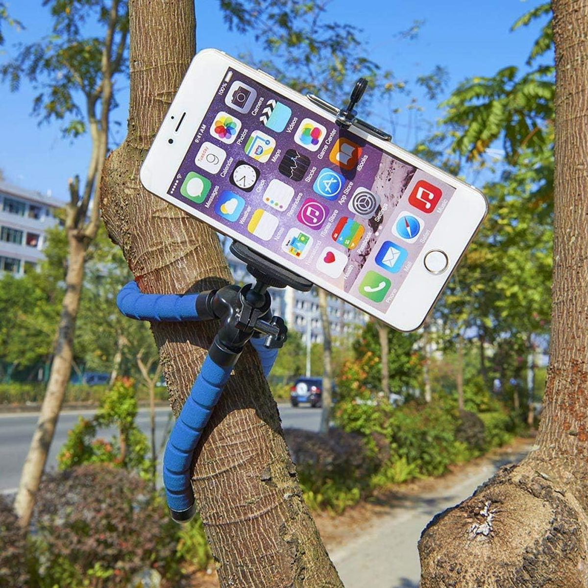 Ein weißes iPhone ist mit einem flexiblen blauen Stativ an einem Baum befestigt. Das Telefon zeigt App-Symbole. Bäume und eine Straße sind im Hintergrund.