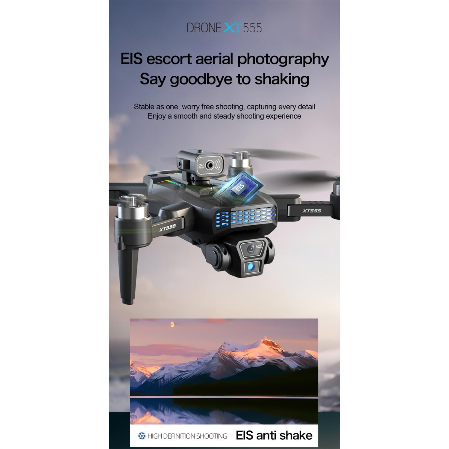 Eine Drohne mit dem Text 'DRONE XT555' und 'EIS-Luftfotografie'. Darunter ein Landschaftsbild mit Bergen und einem See.