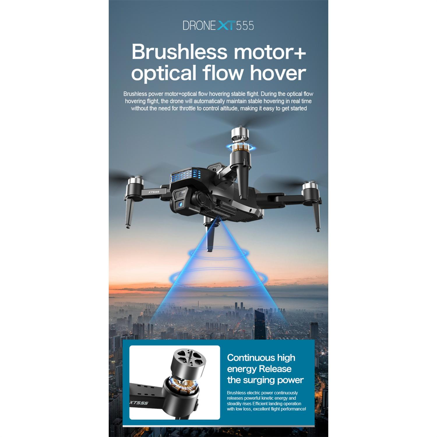 Eine Drohne schwebt über einer Stadt. Text hebt bürstenlosen Motor und optischen Flow-Hover hervor. Details umfassen Leistung.