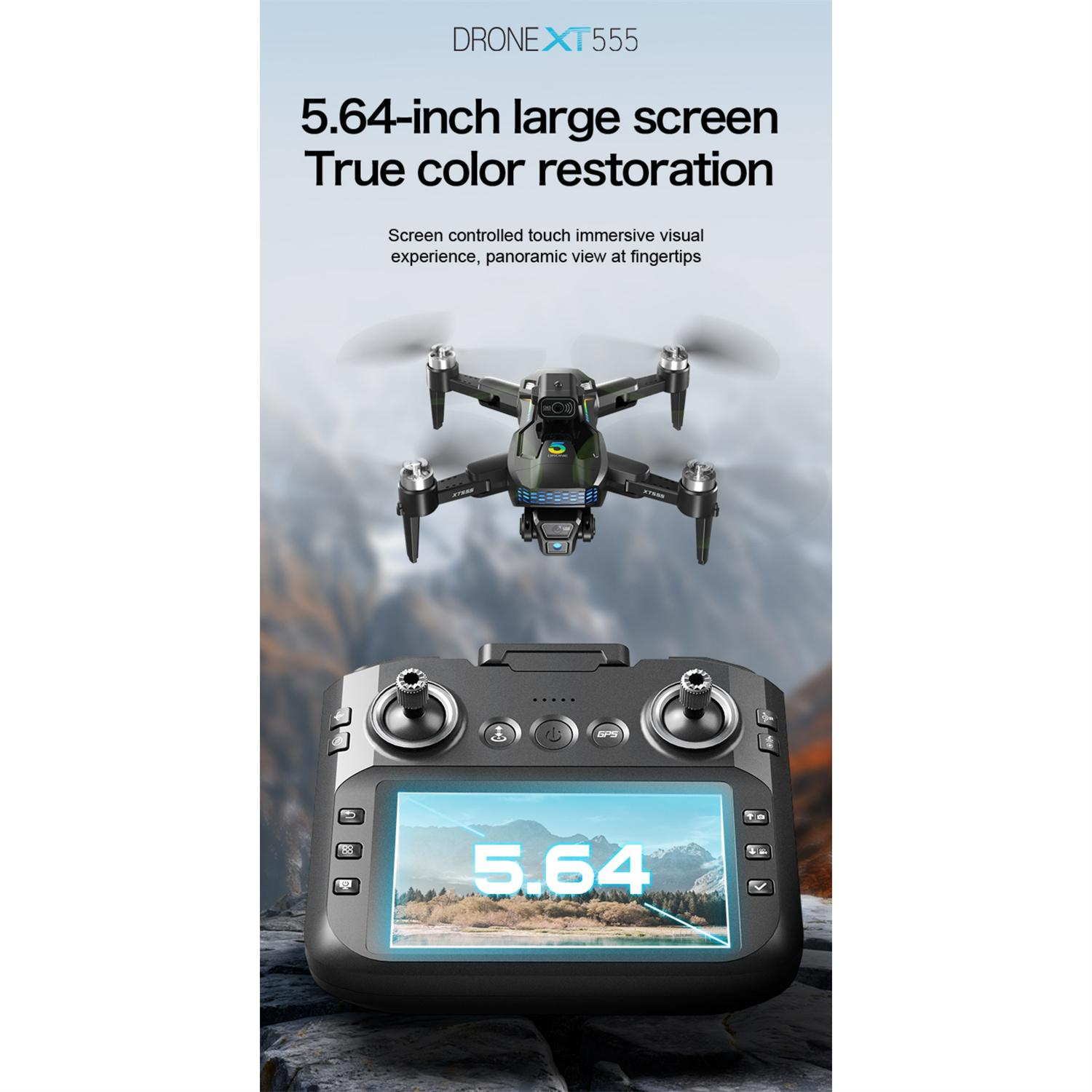 Drohne XT555 mit 5,64-Zoll-Bildschirm. Die Drohne befindet sich in der Luft über der Fernbedienung und zeigt eine Landschaft.