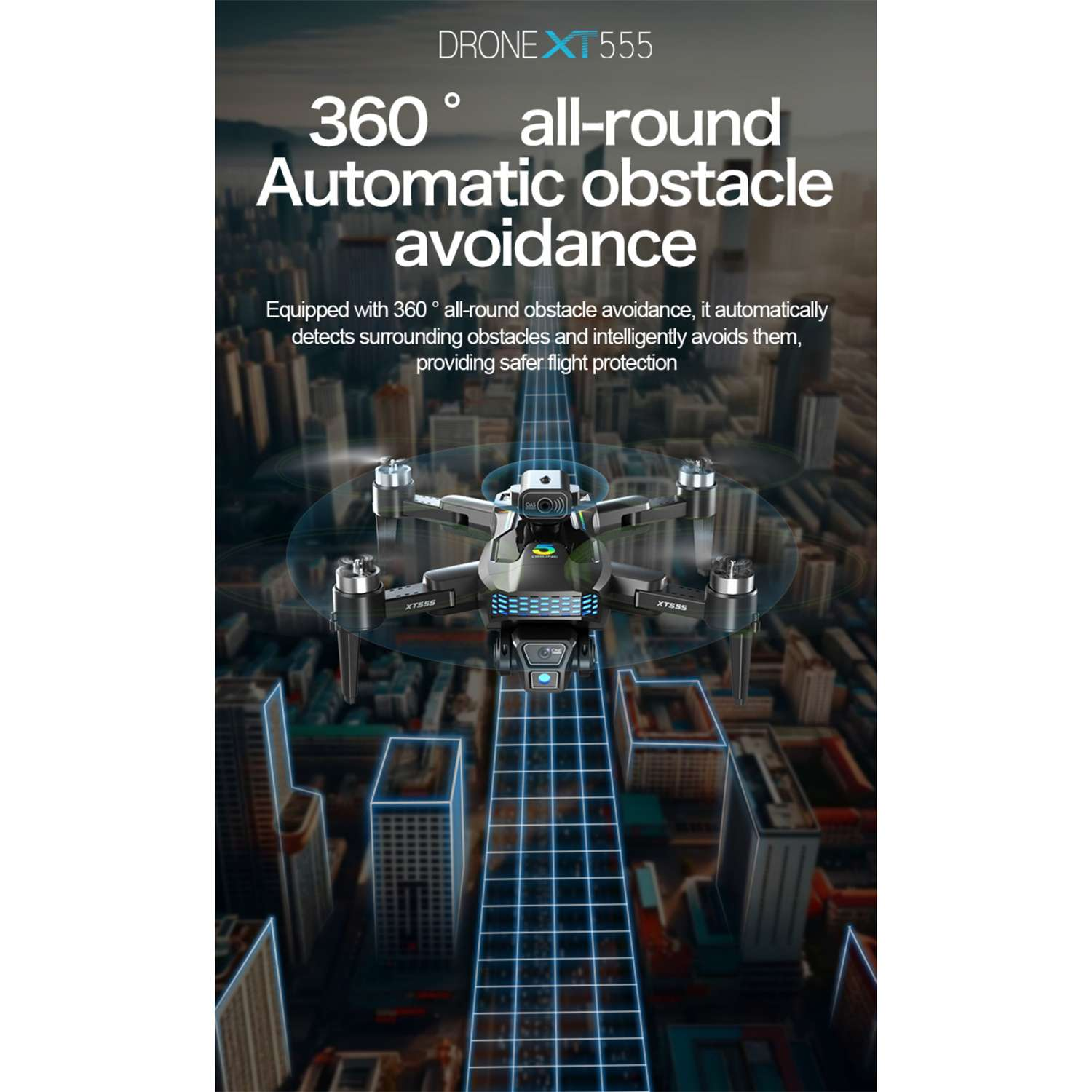 Eine Drohne über einer Stadt wird gezeigt. Der Text lautet '360° Automatische Hindernisvermeidung'. Sie erkennt automatisch Hindernisse und weicht ihnen aus.