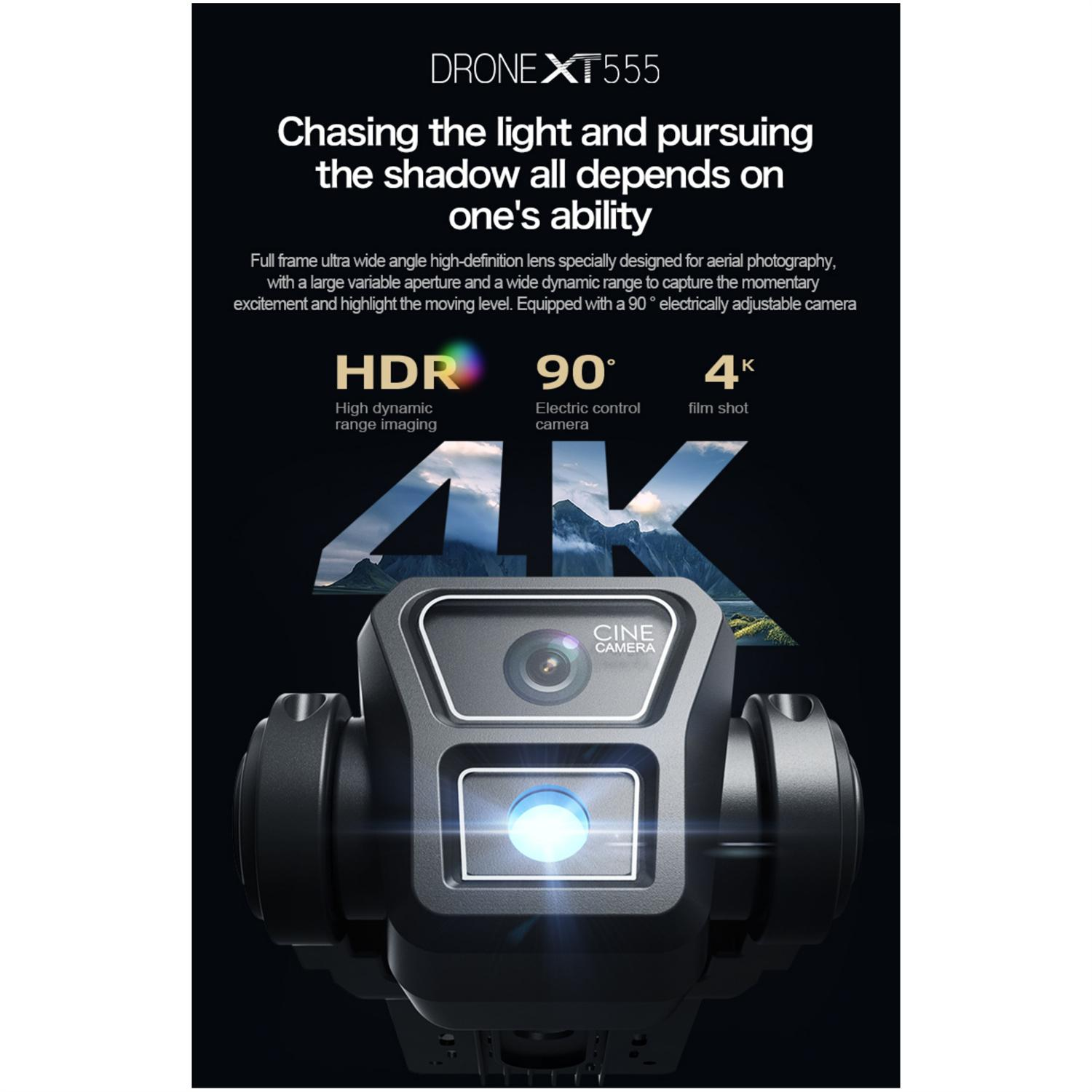 Drohnenkamera mit HDR, 90-Grad-Elektrosteuerung und 4K-Filmaufnahmen. Sie trägt die Bezeichnung 'CINE CAMERA' und Text zur Luftbildfotografie.