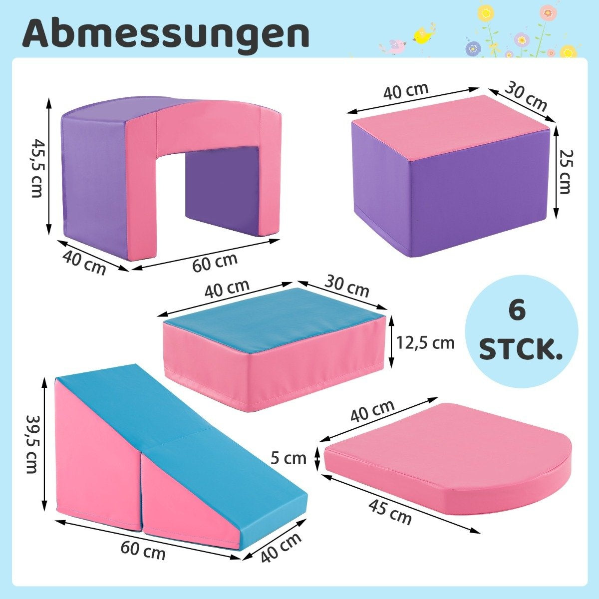 La imagen muestra piezas coloridas de un juego de espuma con dimensiones en cm. Incluye cubos, rampas y arcos.
