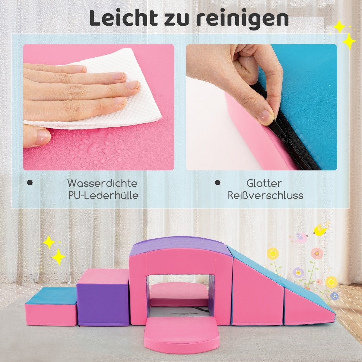La imagen muestra un juego colorido con bloques y una rampa. También muestra una mano limpiando una superficie y otra abriendo una cremallera.