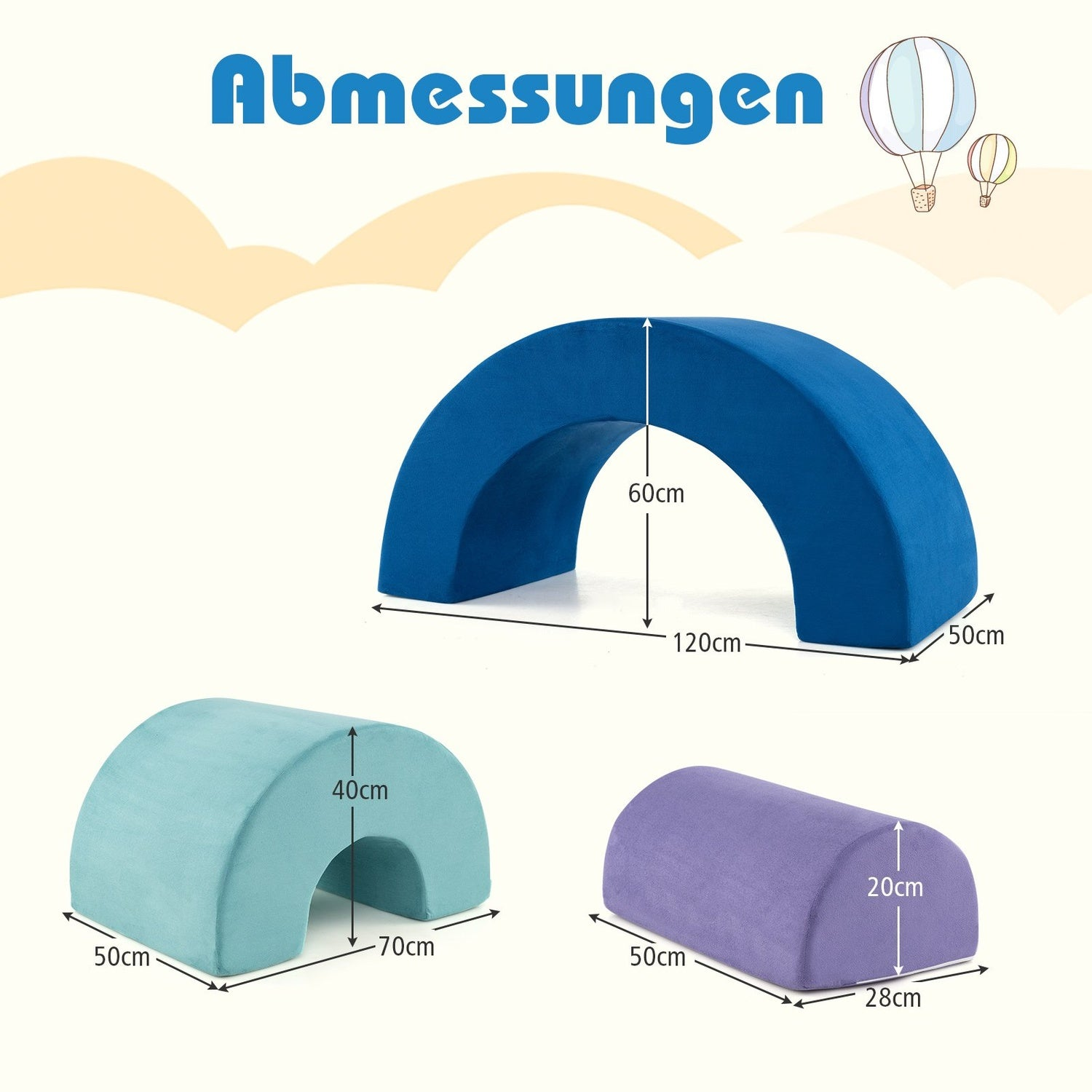 La imagen muestra tres formas de espuma en azul, turquesa y morado, con dimensiones. Dos globos aerostáticos en el fondo. La palabra Abmessungen arriba.