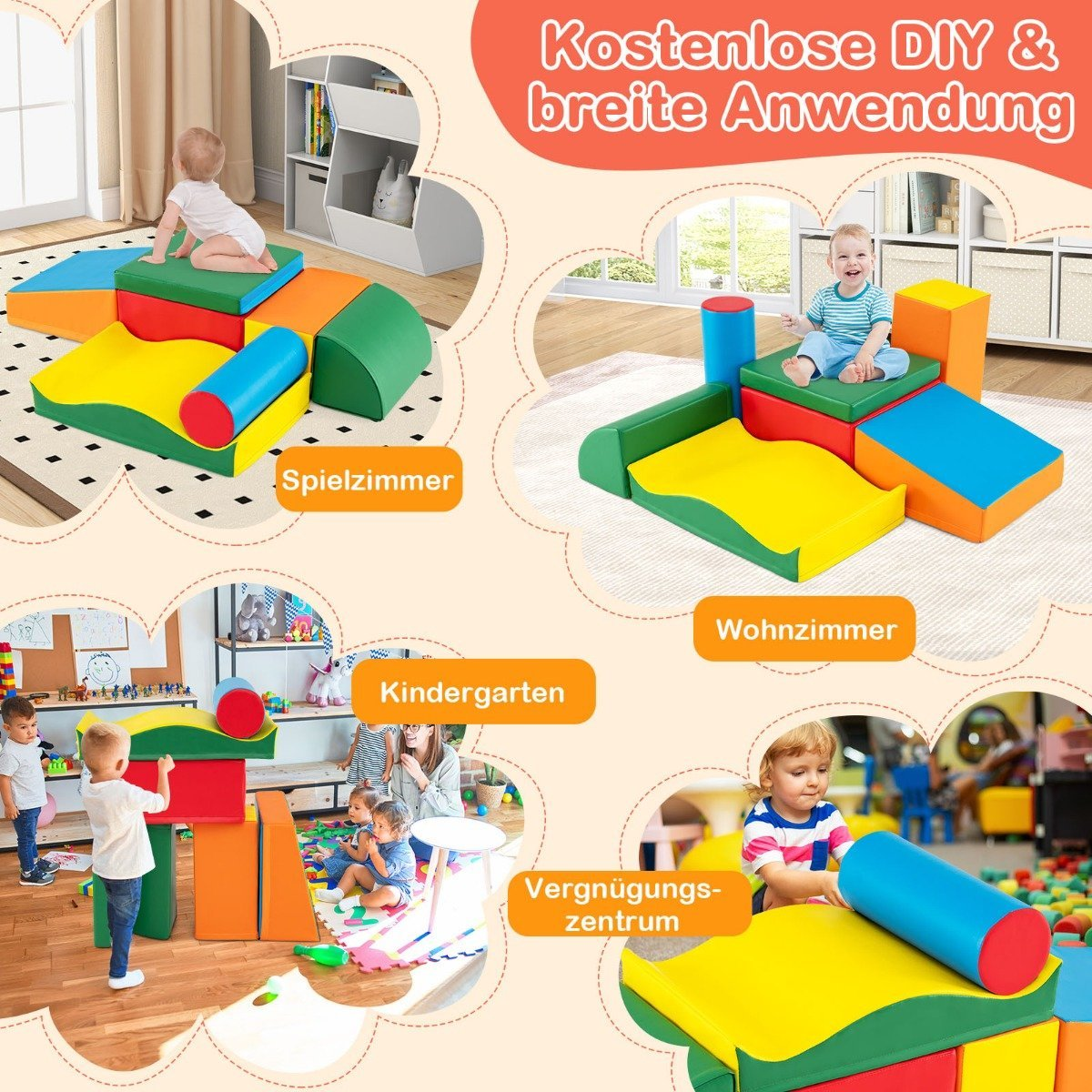 La imagen muestra a niños jugando con bloques de espuma de colores. Los bloques tienen varias formas y tamaños, dispuestos en áreas de juego.