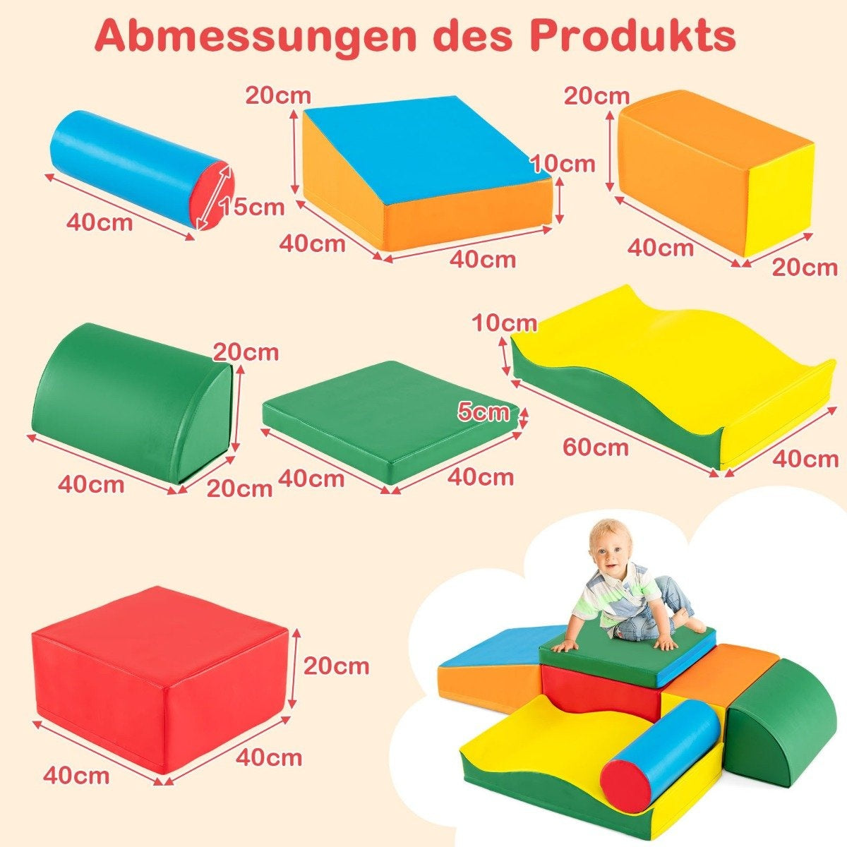 La imagen muestra bloques de espuma coloridos, incluyendo un cilindro, rampas y cubos, junto a un bebé jugando con ellos. También se muestran las dimensiones.