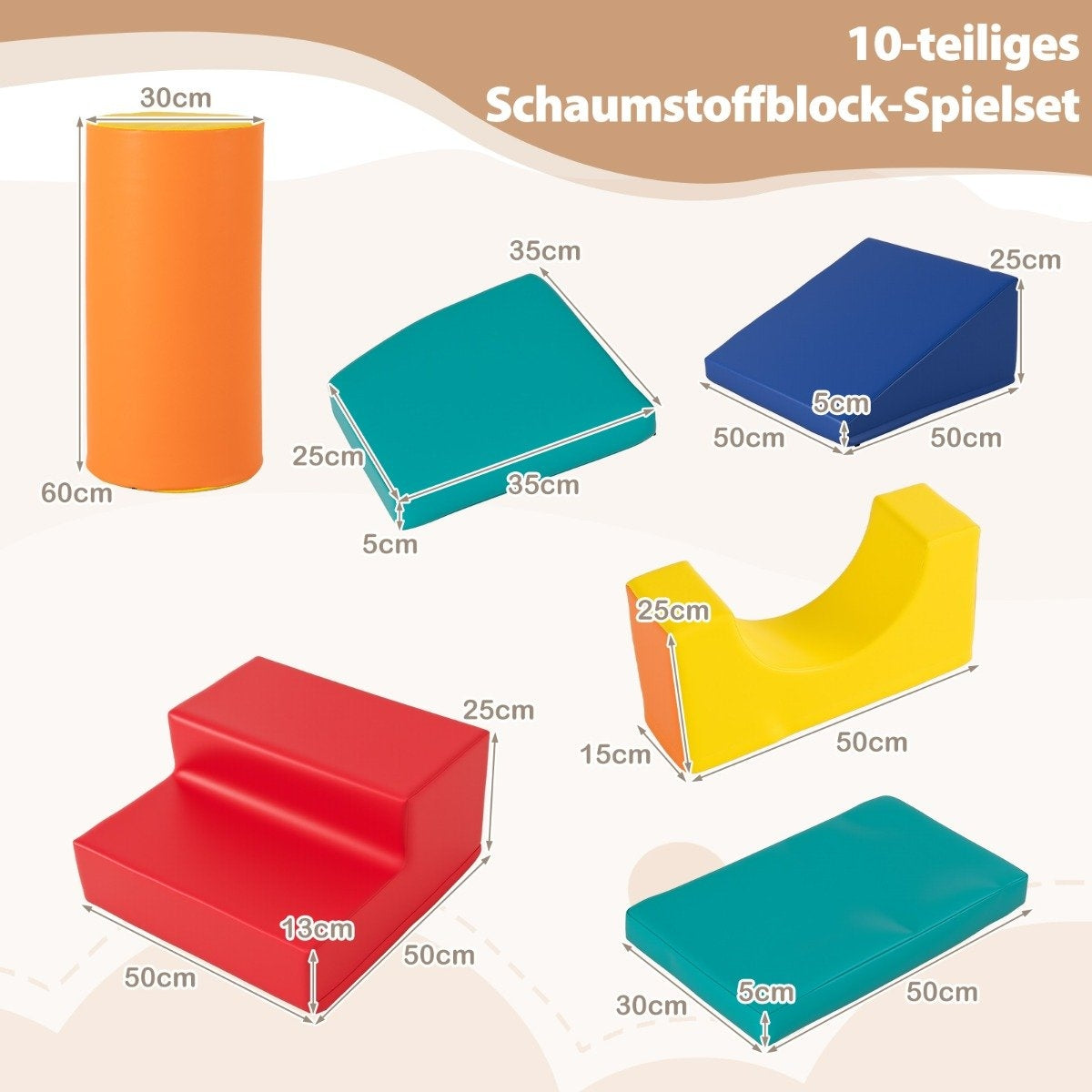 Un conjunto de bloques de espuma coloridos. Incluye un cilindro naranja, un cuadrado turquesa, un triángulo azul, un arco amarillo, escalones rojos y un rectángulo turquesa.
