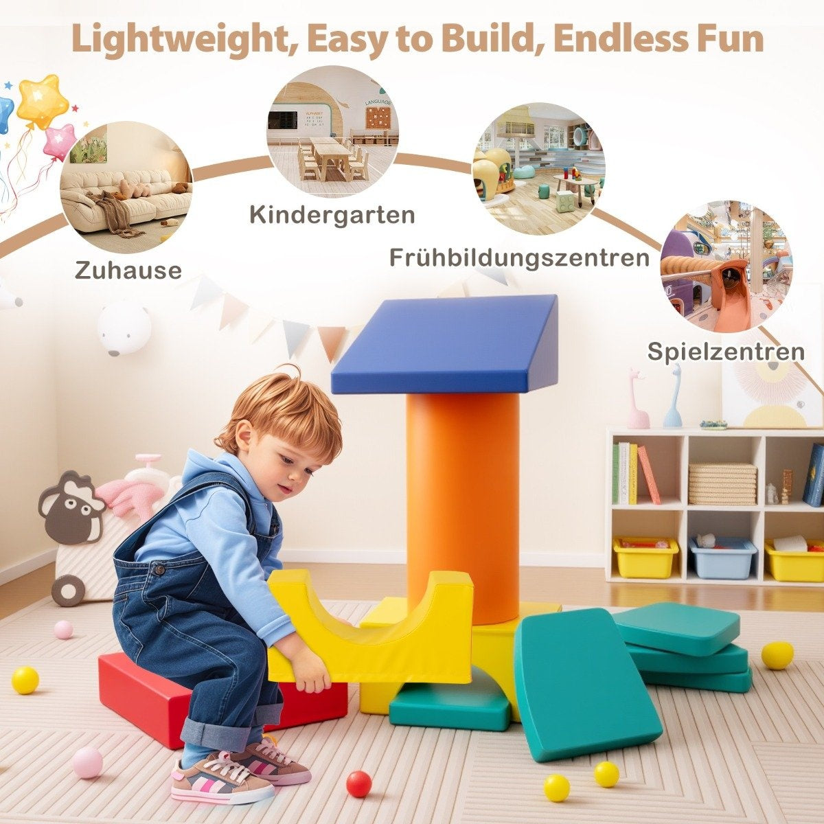Un niño juega con bloques de espuma de colores. Un techo azul encima de una columna naranja. Juguetes y bloques de construcción.