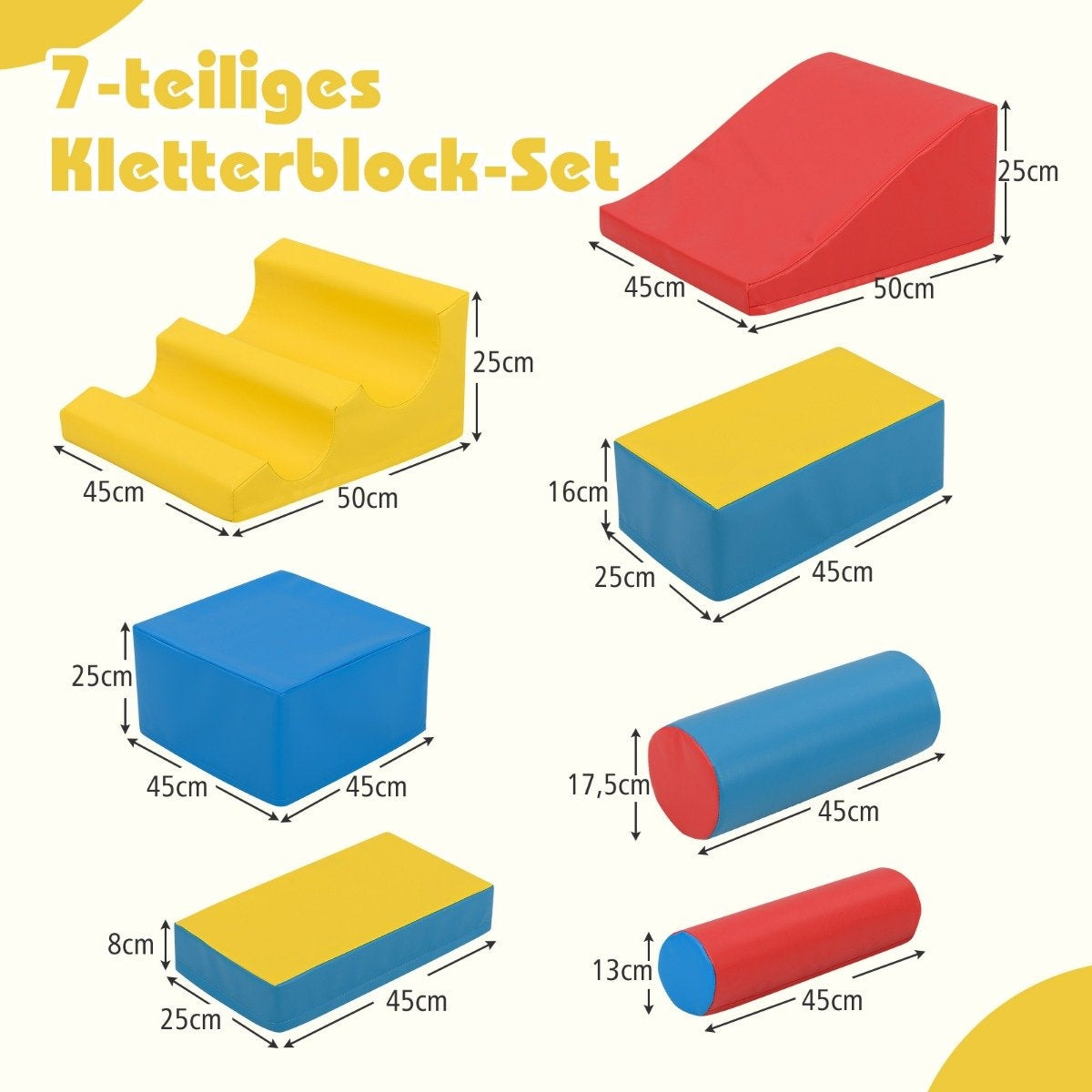 Un juego de bloques de escalada de 7 piezas, con un escalón amarillo, un cubo azul, una rampa roja y más, cada uno con dimensiones.