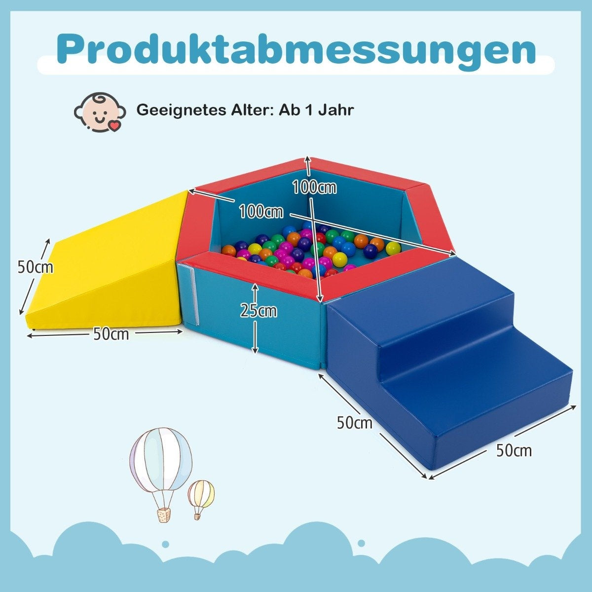 Estructura de juego infantil con piscina de bolas, rampa y escaleras. Dimensiones etiquetadas. Dos globos aerostáticos al fondo.