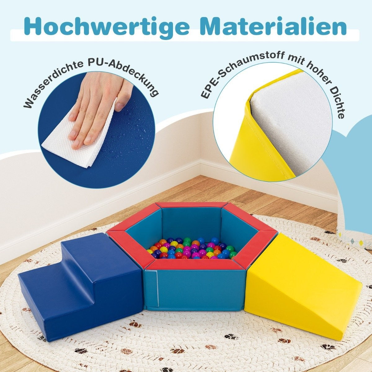 Un juego colorido con piscina de bolas, escaleras y rampa sobre una alfombra estampada. Detalles muestran cubierta impermeable y espuma.
