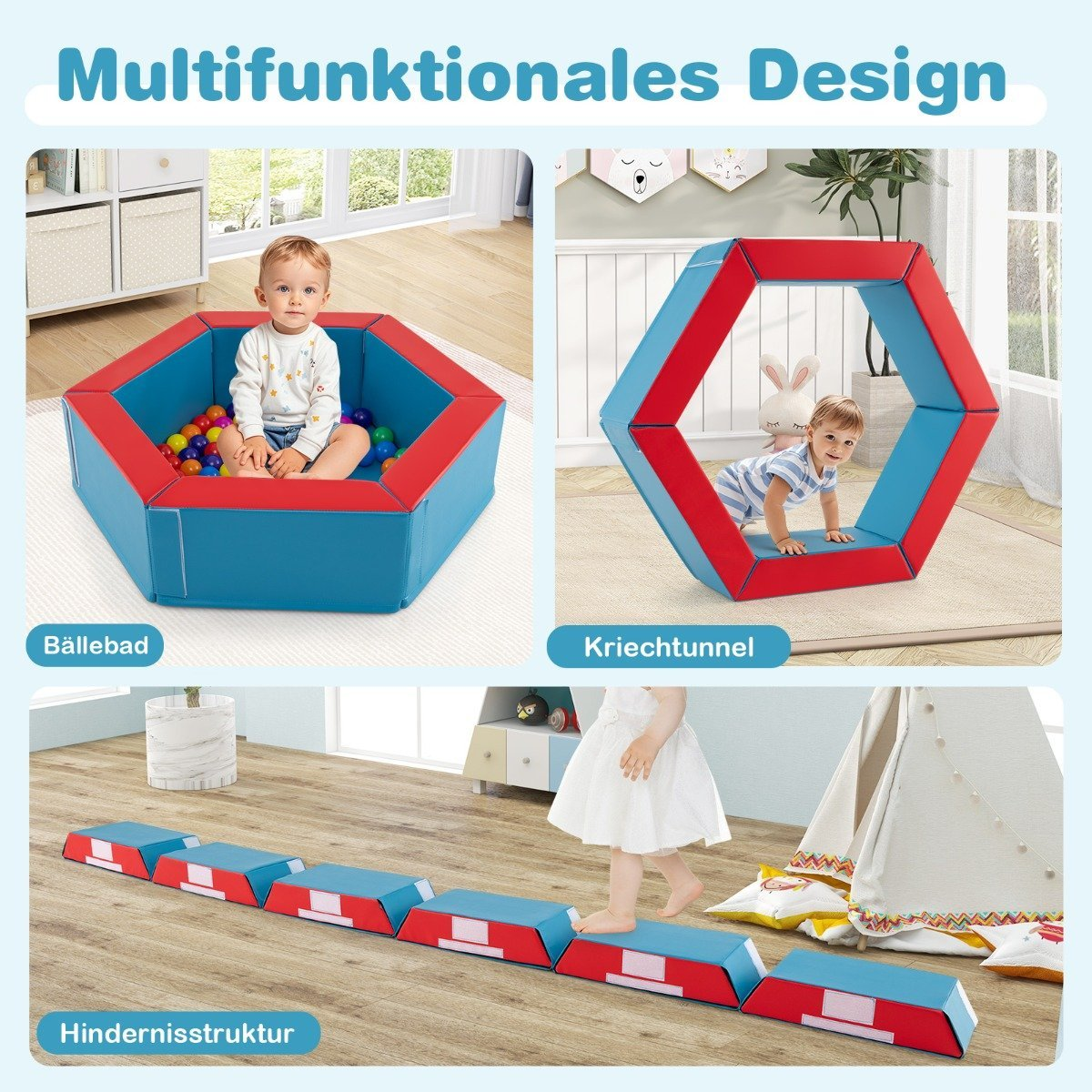 La imagen muestra tres áreas de juego: piscina de bolas, túnel de gateo y piedras de paso. Los niños interactúan con cada área.