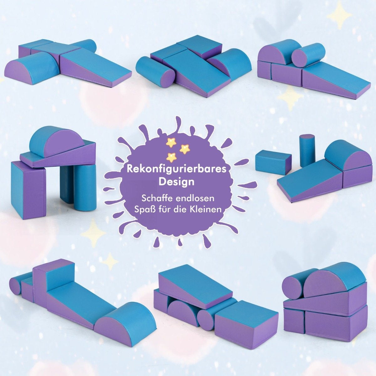 La imagen muestra bloques de espuma modulares en azul y morado dispuestos en varias configuraciones sobre fondo claro.