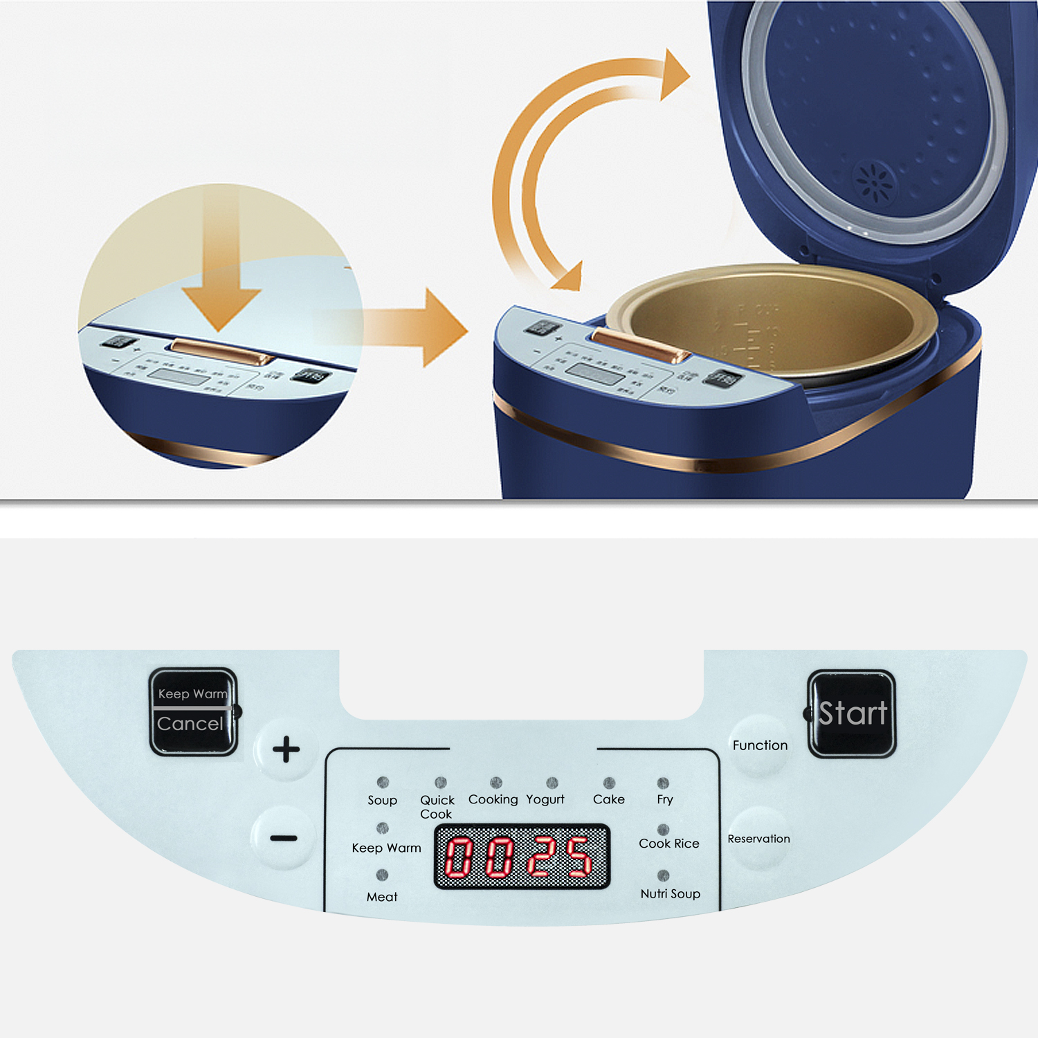 Una cuociriso blu con coperchio aperto, pannello di controllo con pulsanti e display LCD con '00:25'.