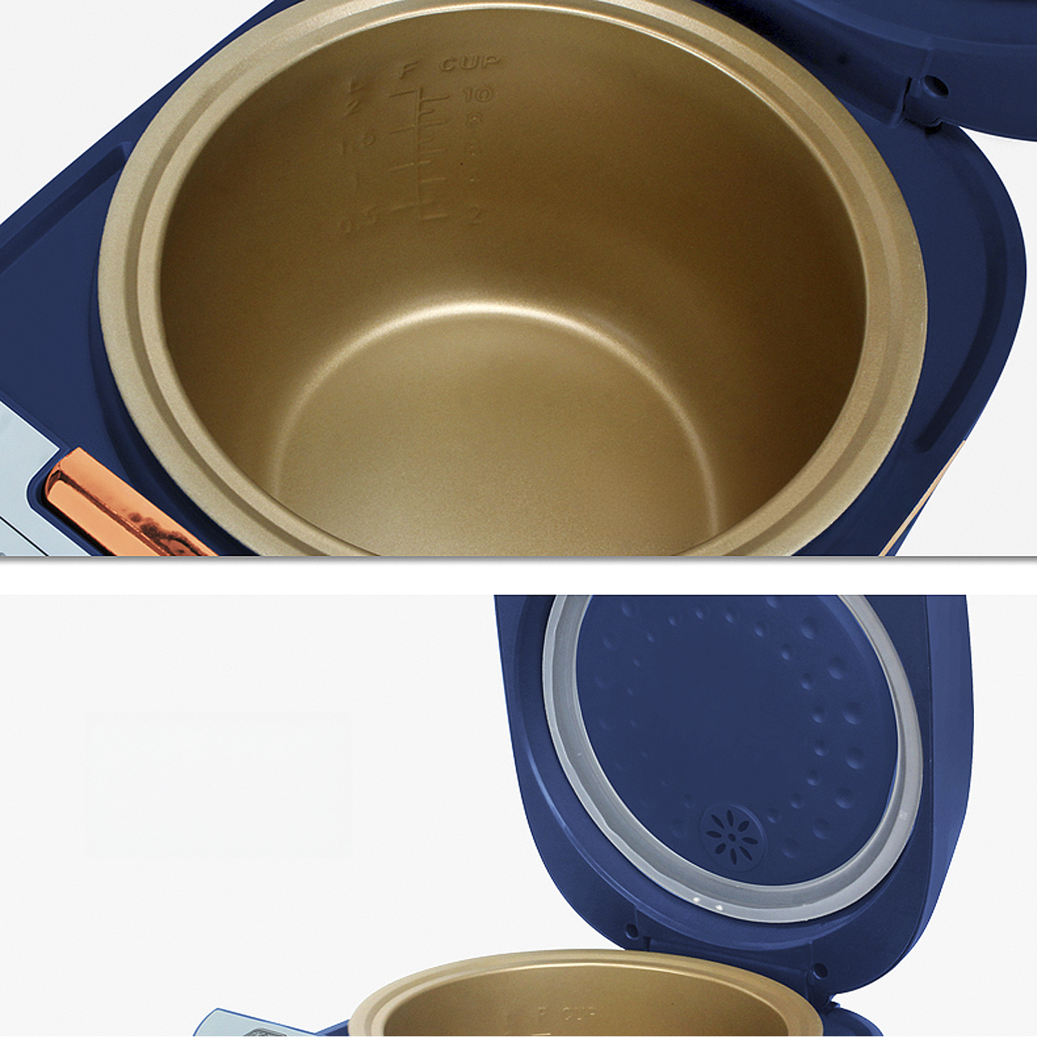 Cuociriso aperto. Pentola interna dorata con segni di tazza. Coperchio blu aperto. L'interno del coperchio è blu con uno sfiato a forma di fiore.