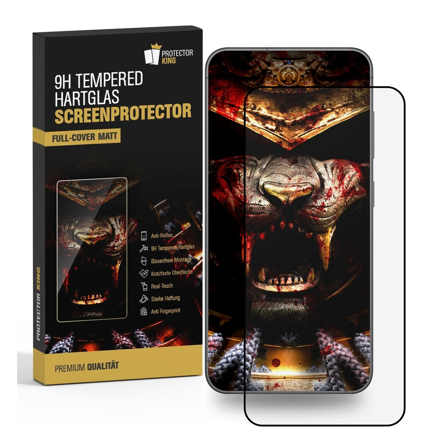 Ein Telefon mit Displayschutzfolie neben der Box. Das Telefon zeigt einen brüllenden Löwen mit roten Akzenten. Die Box ist schwarz und gold.
