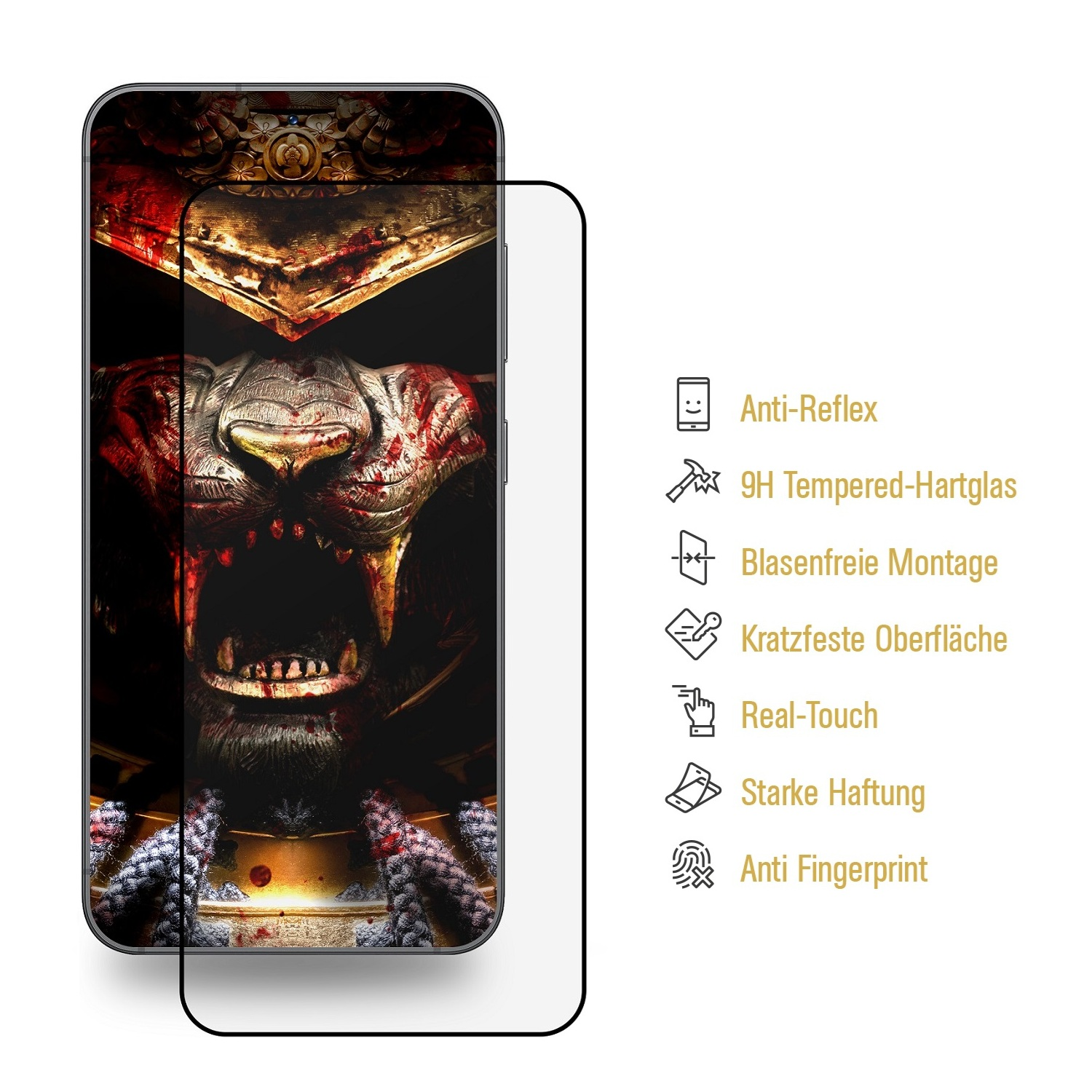 Ein Handy-Displayschutz mit einem Monstergesicht. Eigenschaften: Anti-Reflex, gehärtetes Glas und Anti-Fingerabdruck.
