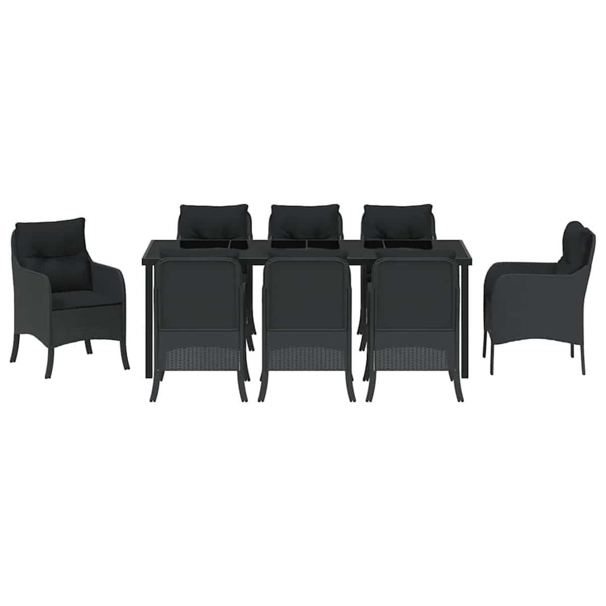 Ein schwarzes Ess-Set für den Außenbereich auf weißem Hintergrund. Es umfasst einen Tisch, 6 Stühle und 2 Sessel.