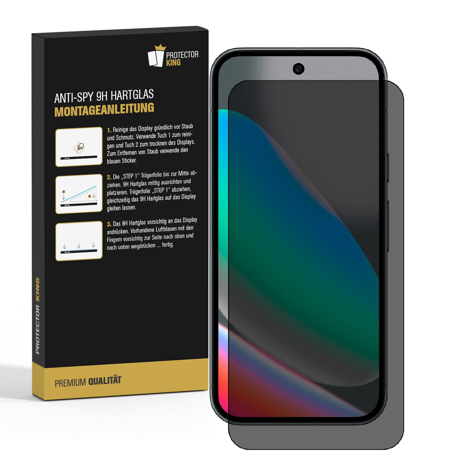 Ein Telefon mit Displayschutzfolie neben einer Box mit Anweisungen. Der Bildschirm zeigt bunte, abstrakte Formen.