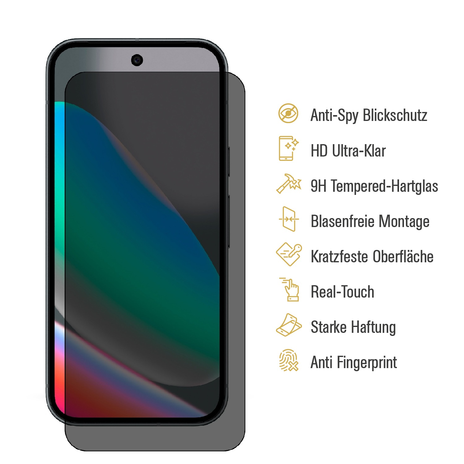 Ein Smartphone mit einem Displayschutz für den Datenschutz. Zu den Merkmalen gehören Anti-Spy, HD-Klarheit und Kratzfestigkeit.