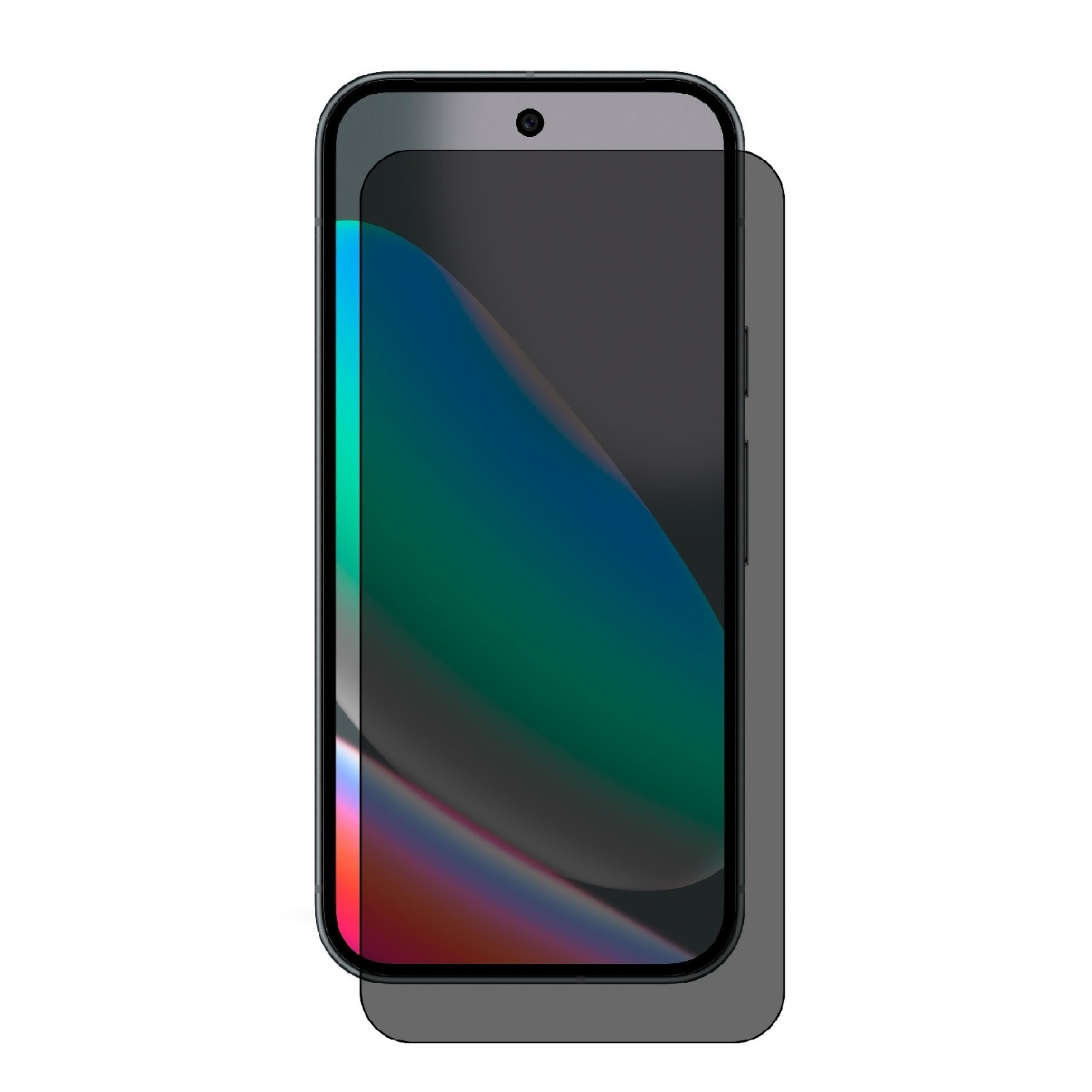 Ein Smartphone mit Displayschutzfolie. Der Bildschirm zeigt Farbverläufe. Das Telefon ist dunkelgrau, der Hintergrund ist weiß.
