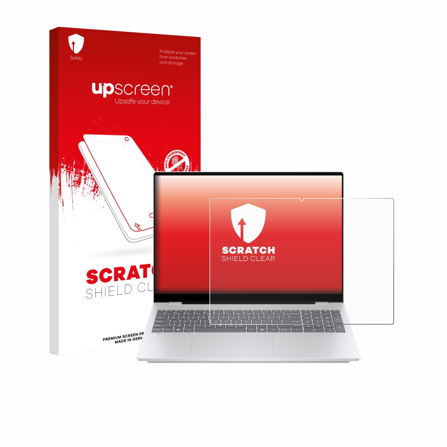 Laptop mit Displayschutzfolie und Verpackung. Rotes und weißes Branding, "upscreen"-Logo und Text "SCRATCH SHIELD CLEAR" sind sichtbar.