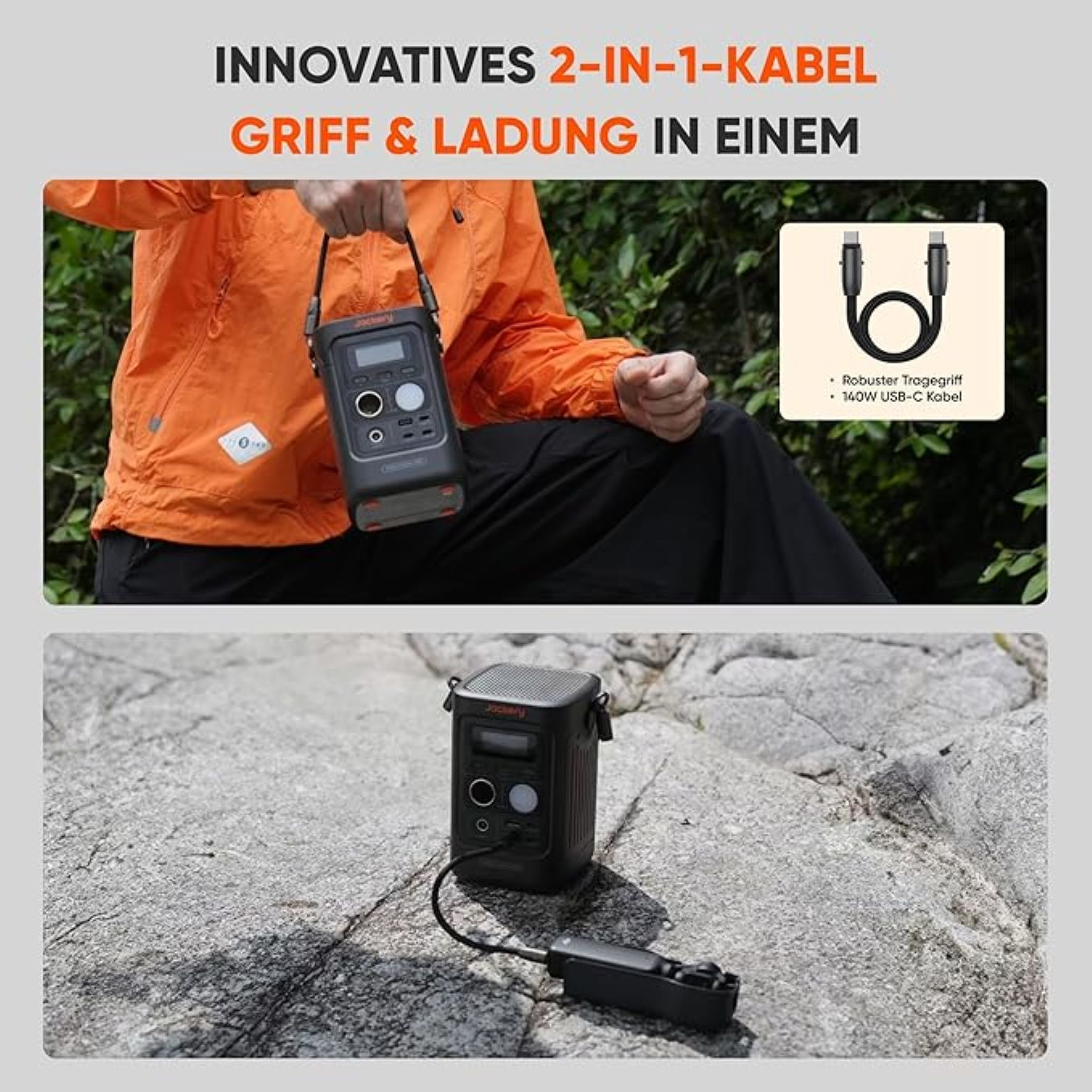 Eine Person hält ein schwarzes Gerät. Das Gerät ist mit einem Kabel verbunden. Text: 2-in-1-Kabel, Griff & Aufladung in einem.