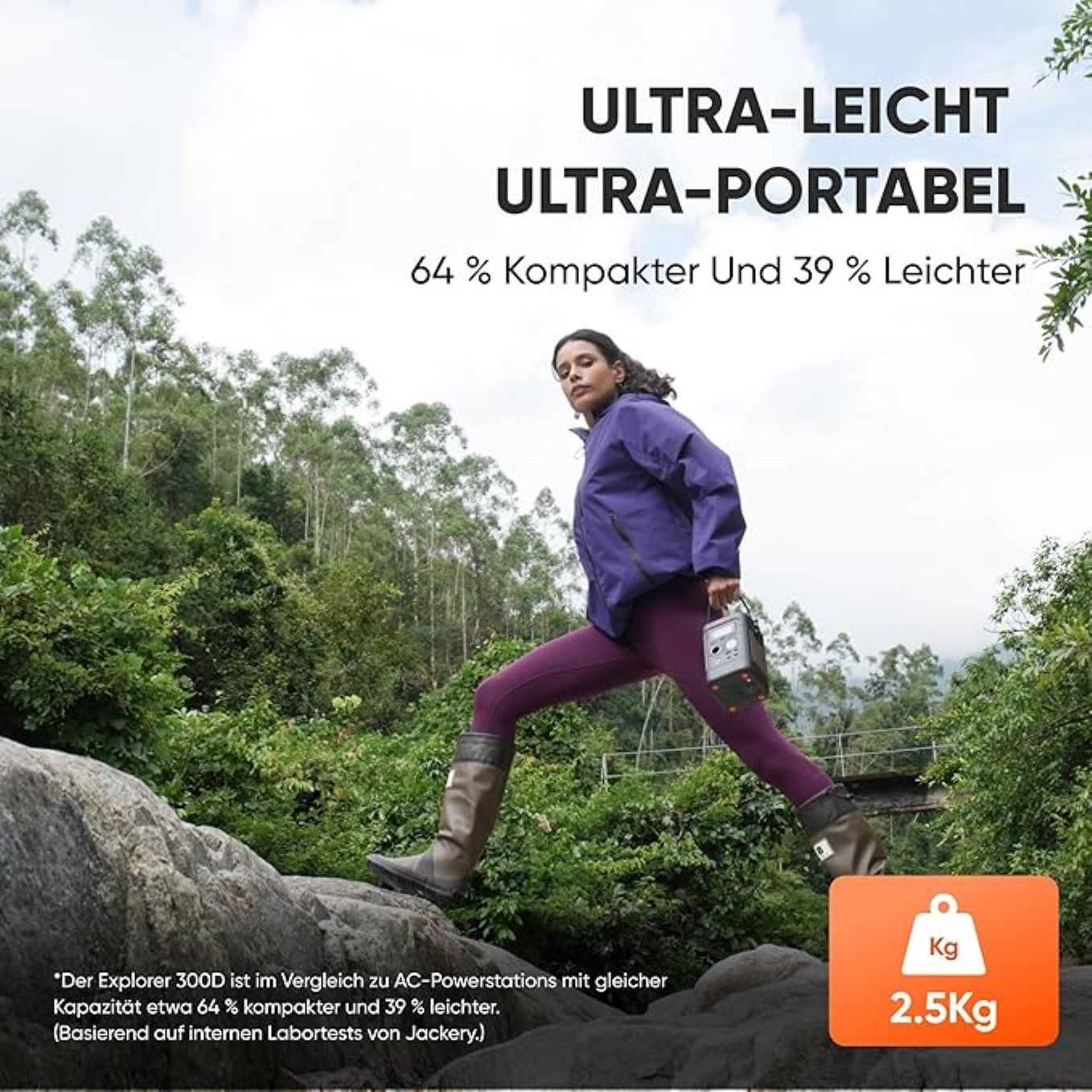 Eine Frau wandert über Felsen und hält ein Gerät. Hintergrund Wald. Orange Box zeigt 2,5 kg. Text: Ultraleicht, ultraportabel.