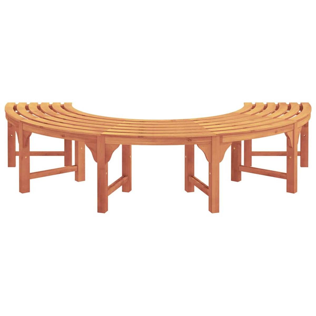 Eine gebogene Holzbank. Die Bank hat eine Sitzfläche aus Latten und wird von mehreren Beinen getragen. Das Holz ist hellbraun.