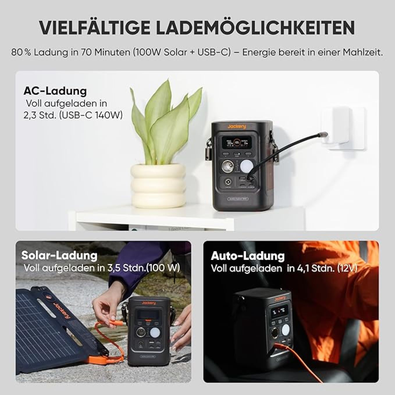 Das Bild zeigt Lademöglichkeiten für eine Powerstation. Enthält AC-, Solar- und Autolademethoden. Eine Pflanze in einem Topf ist ebenfalls sichtbar.