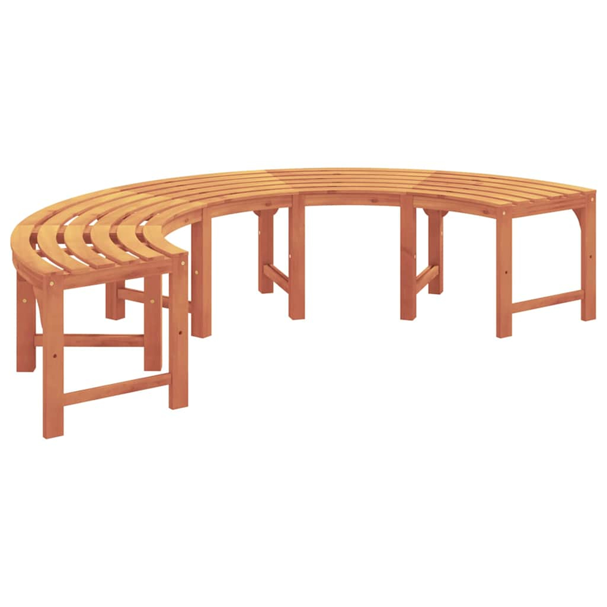 Eine gebogene Holzbank mit Lattenrost. Sie besteht aus hellbraunem Holz und hat ein schlichtes Design.