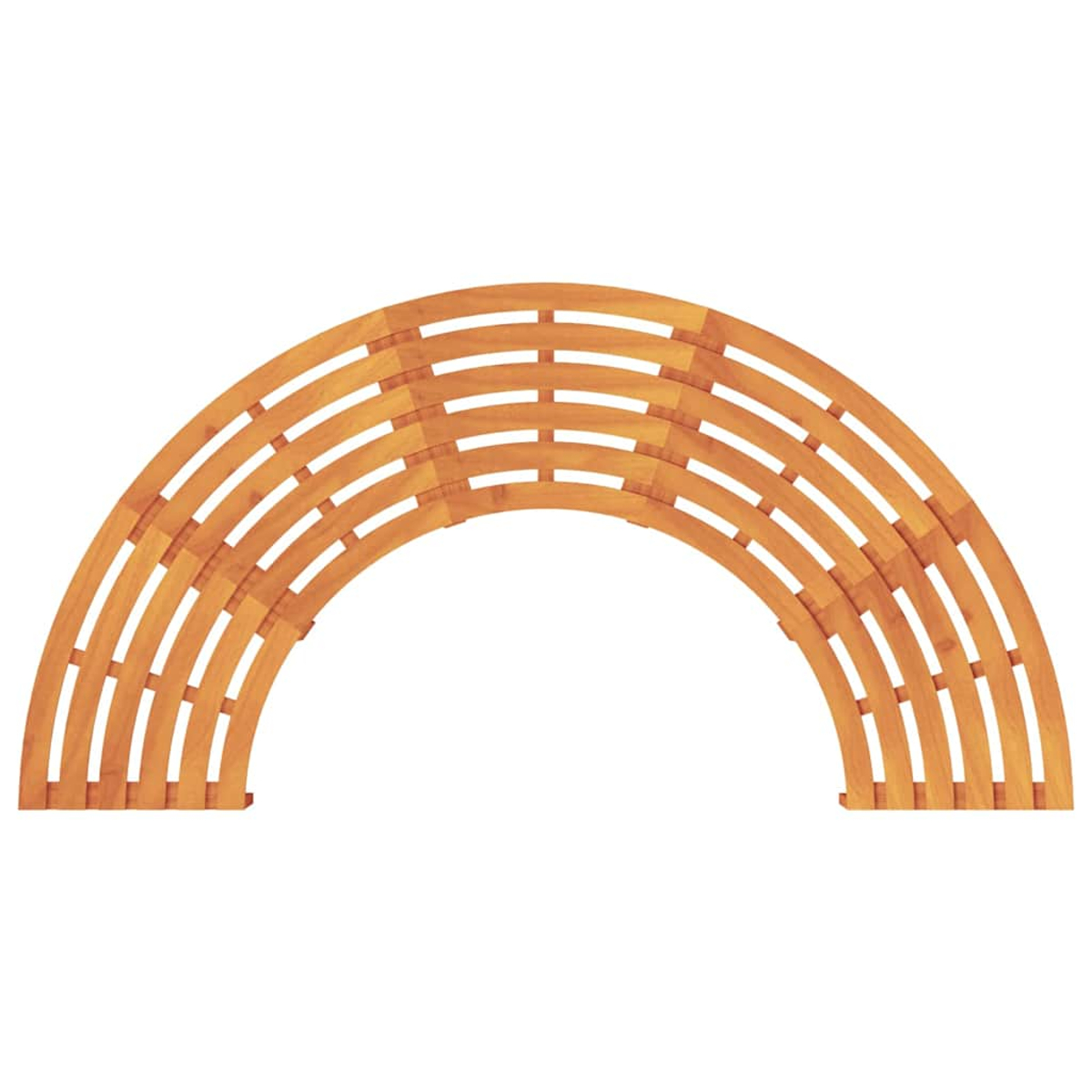 Eine halbkreisförmige Holzbank in hellbrauner Farbe. Sie hat mehrere horizontale Lamellen mit Zwischenräumen. Der Hintergrund ist weiß.