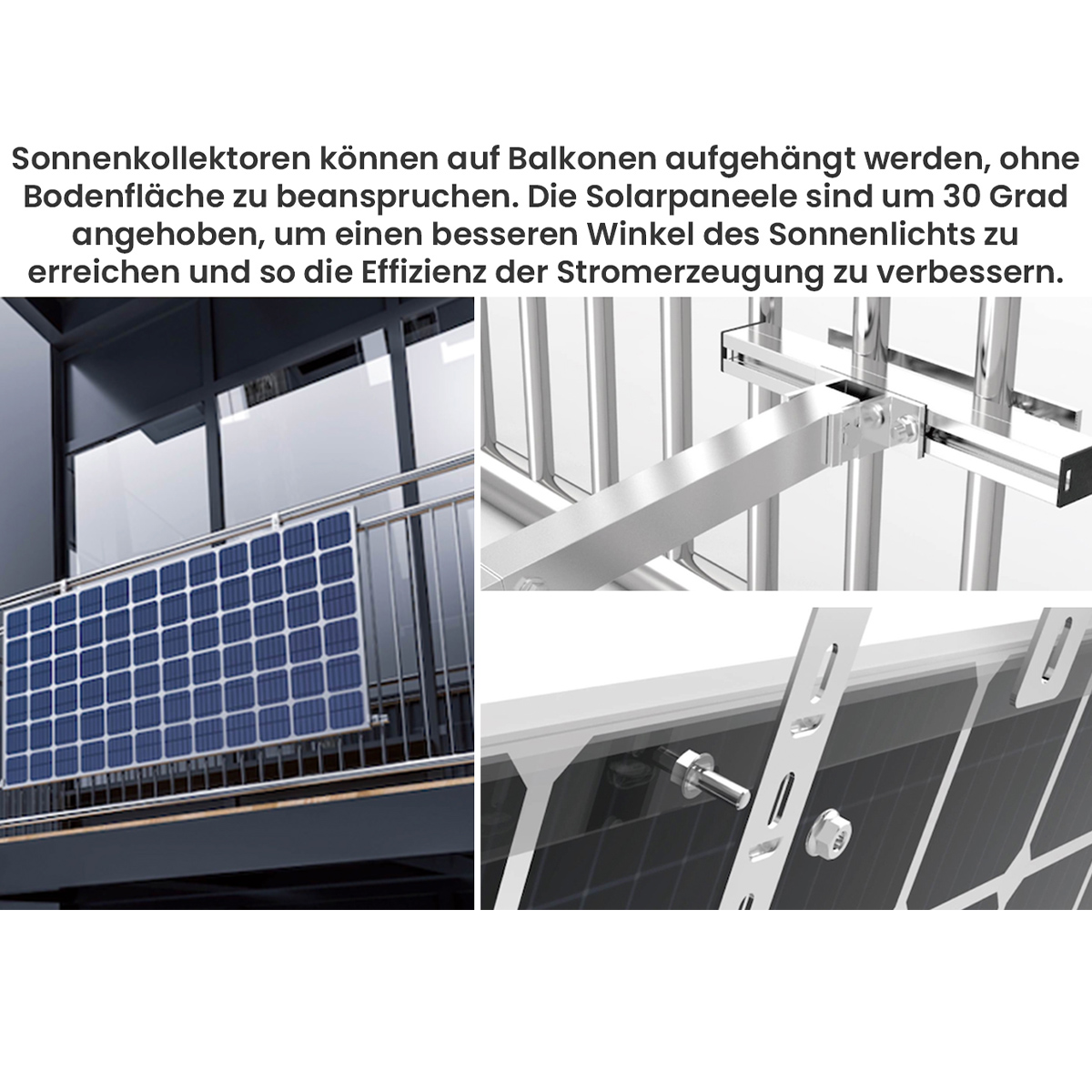 Solarpanel an Balkongeländer montiert. Silberne Halterungen und Schrauben sichern das Panel. Blaue Zellen in schwarzem Rahmen. Moderner Gebäudehintergrund.