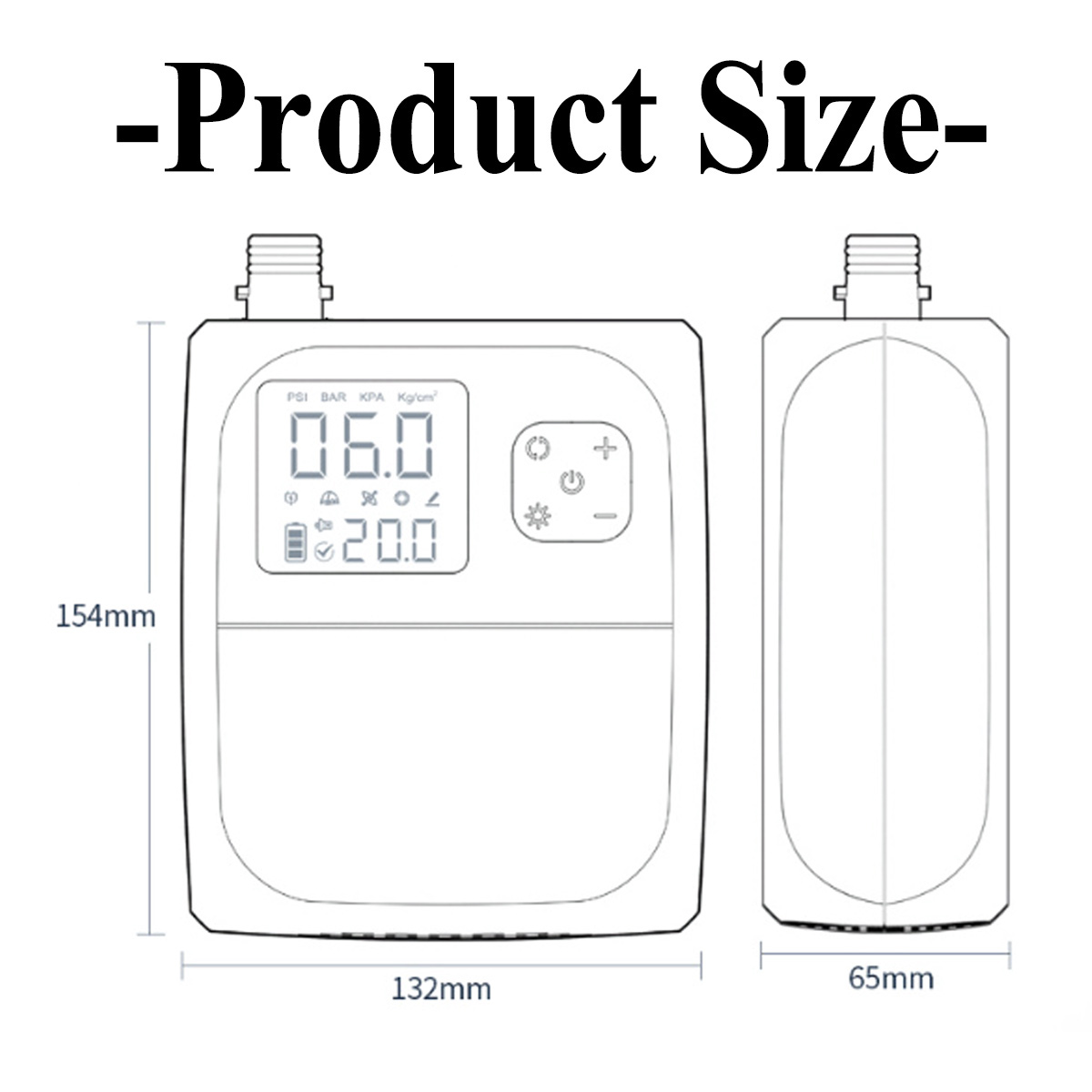 Diagramm zeigt Produktabmessungen eines Geräts: 154 mm hoch, 132 mm breit und 65 mm tief. Ein digitales Display zeigt Zahlen und Symbole.