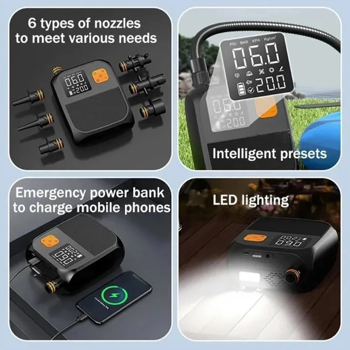 Ein schwarzer tragbarer Luftkompressor mit Digitalanzeige, orangefarbenen Knöpfen und verschiedenen Düsen. Er dient auch als Powerbank und hat LED-Beleuchtung.