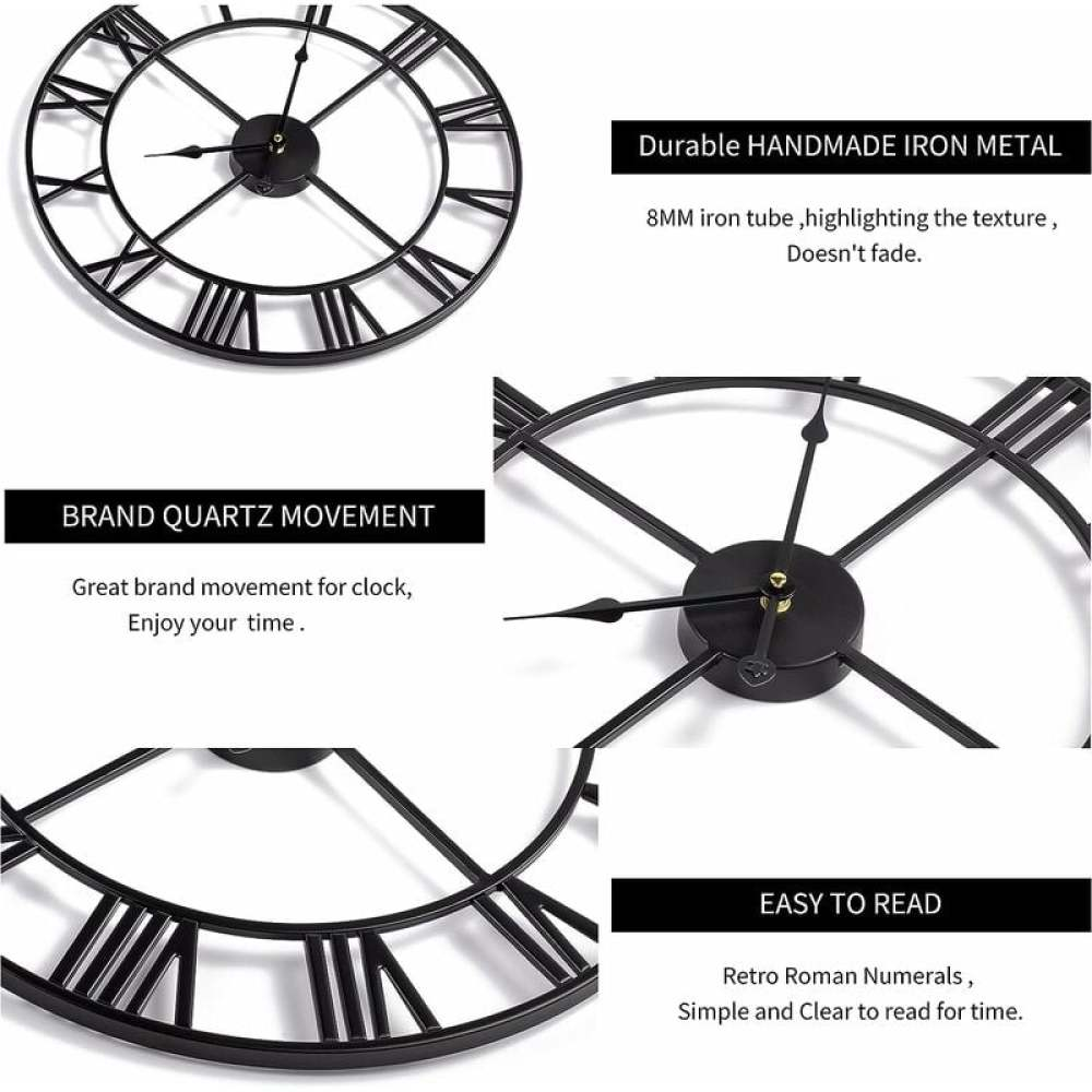 Nahaufnahme einer schwarzen Metall-Wanduhr mit römischen Ziffern. Details zu Quarzwerk, Eisenrohr und einfacher Lesbarkeit werden gezeigt.