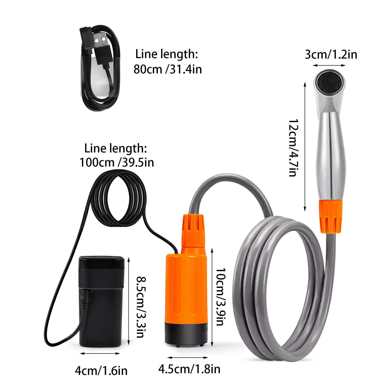 Ein tragbares Duschset mit schwarzem Netzteil, orangefarbener Pumpe und grauem Duschkopf. Abmessungen sind ebenfalls angegeben.