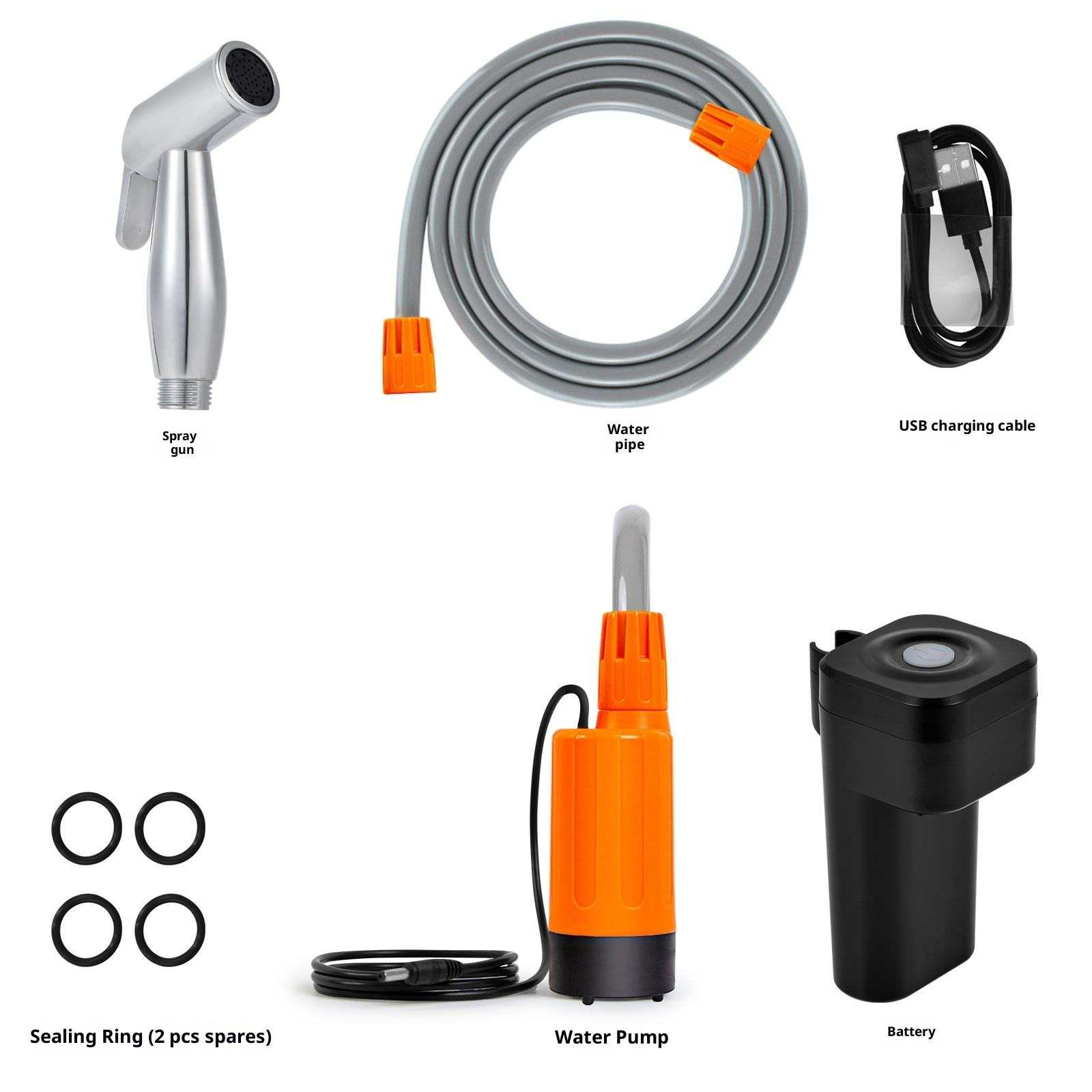 Das Bild zeigt Spritzpistole, Wasserrohr, USB-Kabel, Wasserpumpe, Batterie, Dichtungsringe. Komponenten sind beschriftet.