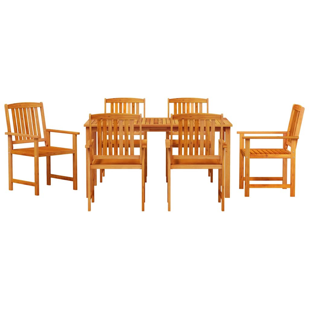 Holz-Essgruppe für den Außenbereich mit rechteckigem Tisch und sechs Stühlen, alle mit natürlichem Holzfinish, vor weißem Hintergrund.