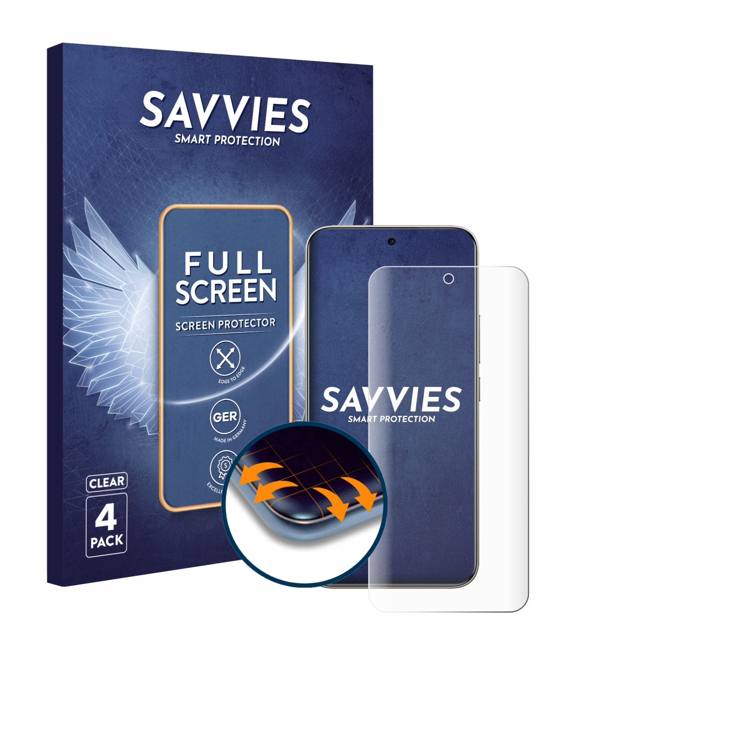 Eine Verpackung für einen Bildschirmschutz mit einem Telefonbild, mit dem Markennamen SAVVIES. Die Packung hat ein klares 4er-Pack-Etikett.
