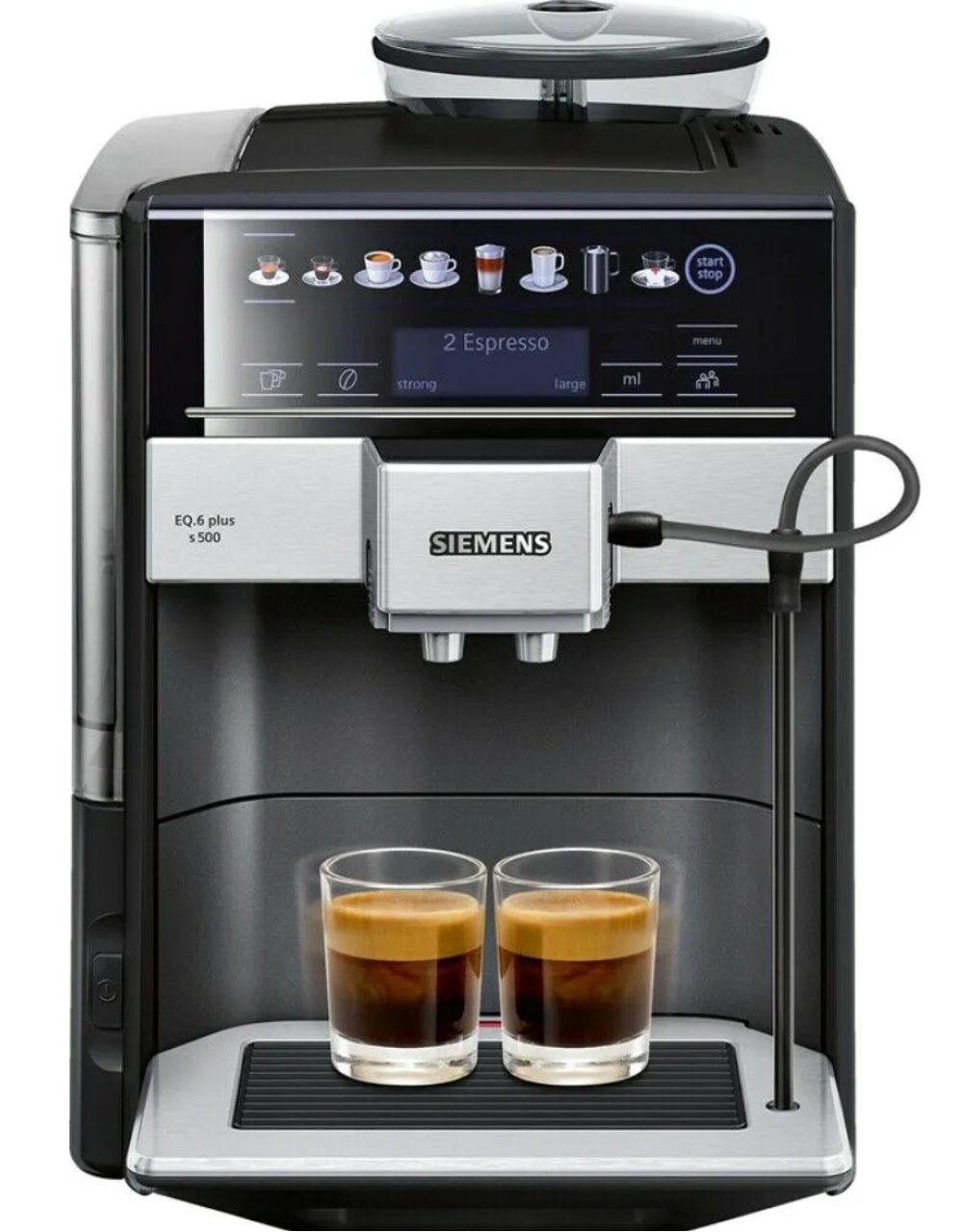 Ekspres do kawy Siemens, czarny i srebrny, wydający dwa espresso do szklanek. Wyświetlacz maszyny pokazuje ustawienia.